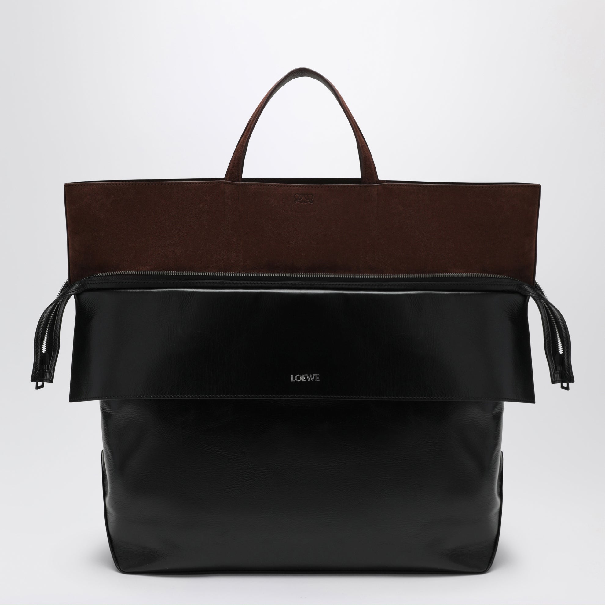 Große Switch Tote Bag aus schwarzem/Espresso Leder und Veloursleder