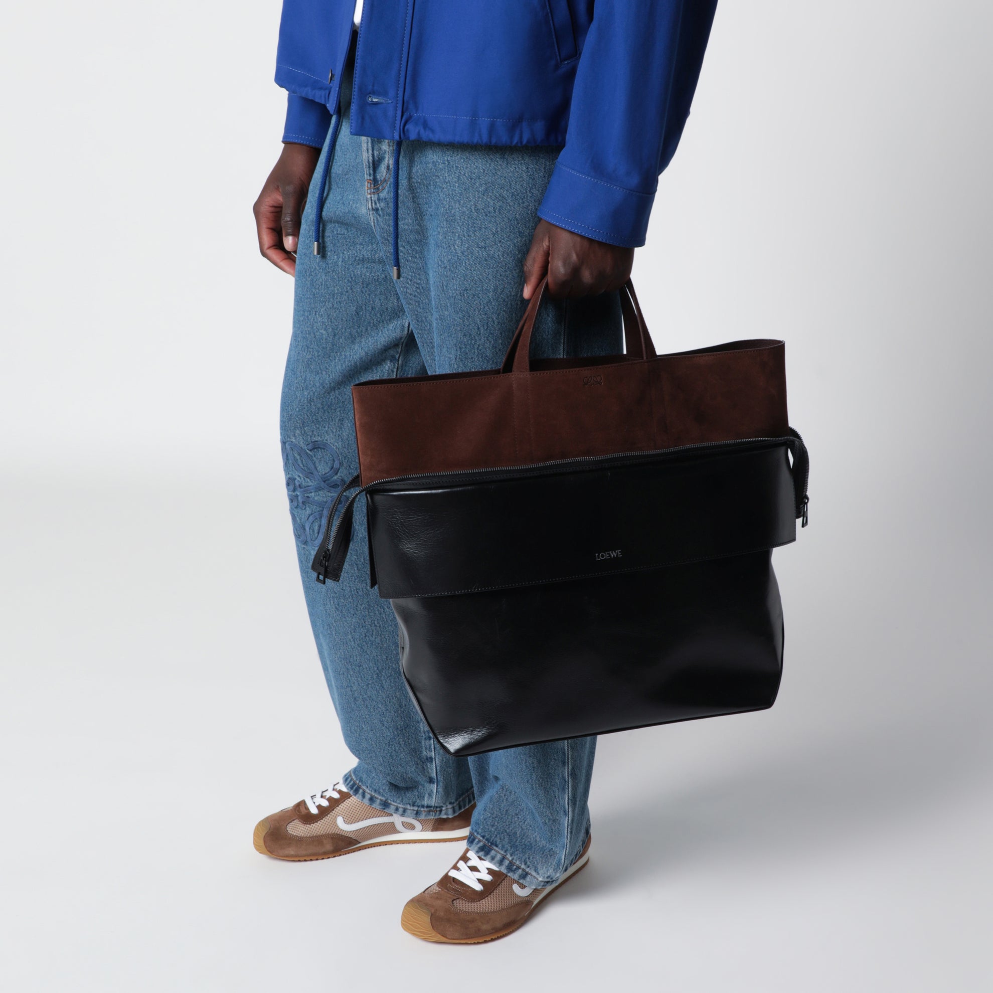 Große Switch Tote Bag aus schwarzem/Espresso Leder und Veloursleder