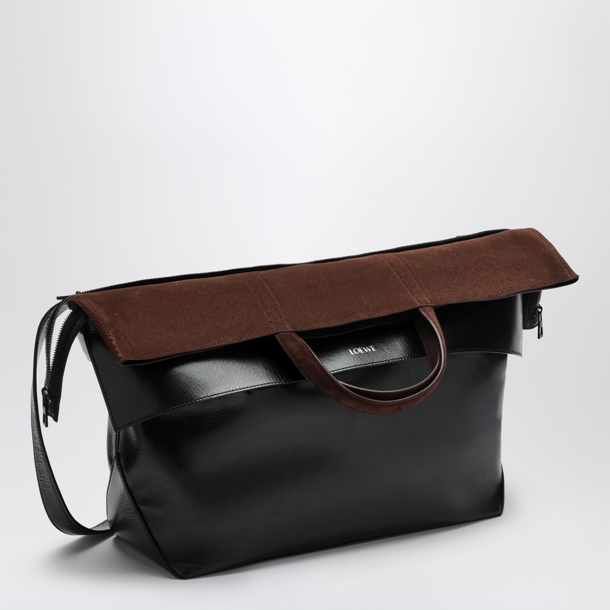 Große Switch Tote Bag aus schwarzem/Espresso Leder und Veloursleder