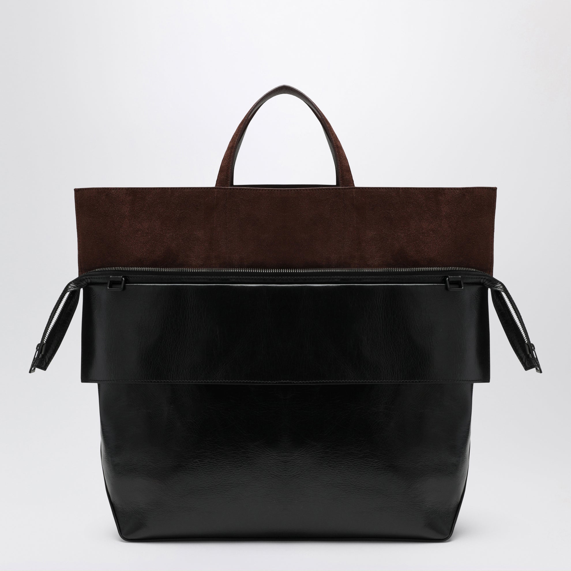 Große Switch Tote Bag aus schwarzem/Espresso Leder und Veloursleder