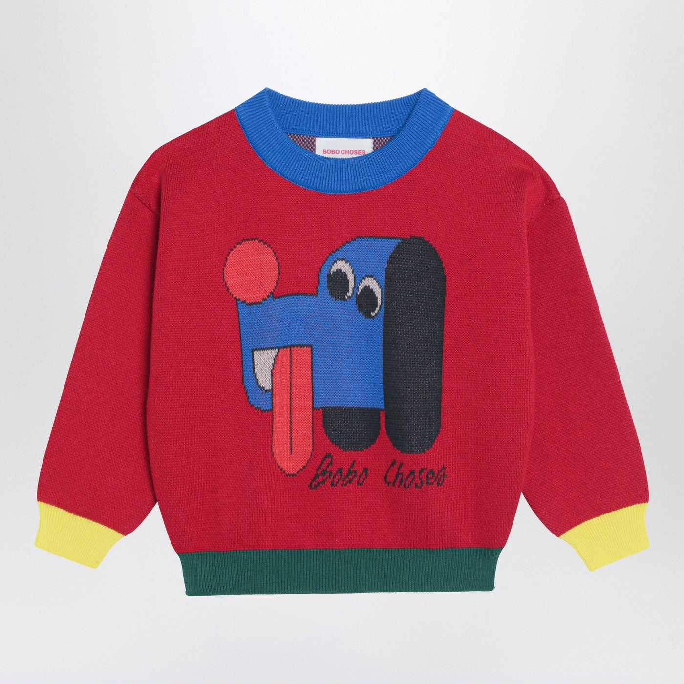 Red sweater with logo intarsia