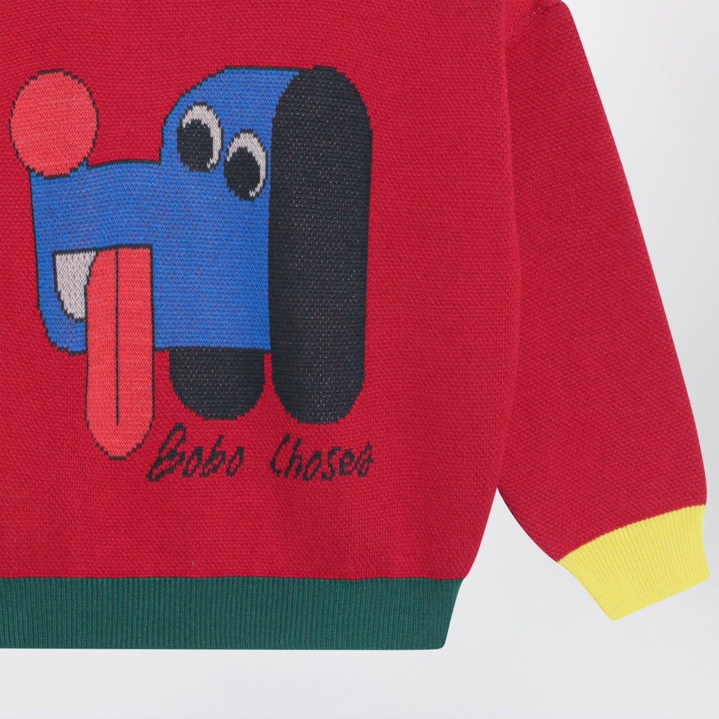 Red sweater with logo intarsia