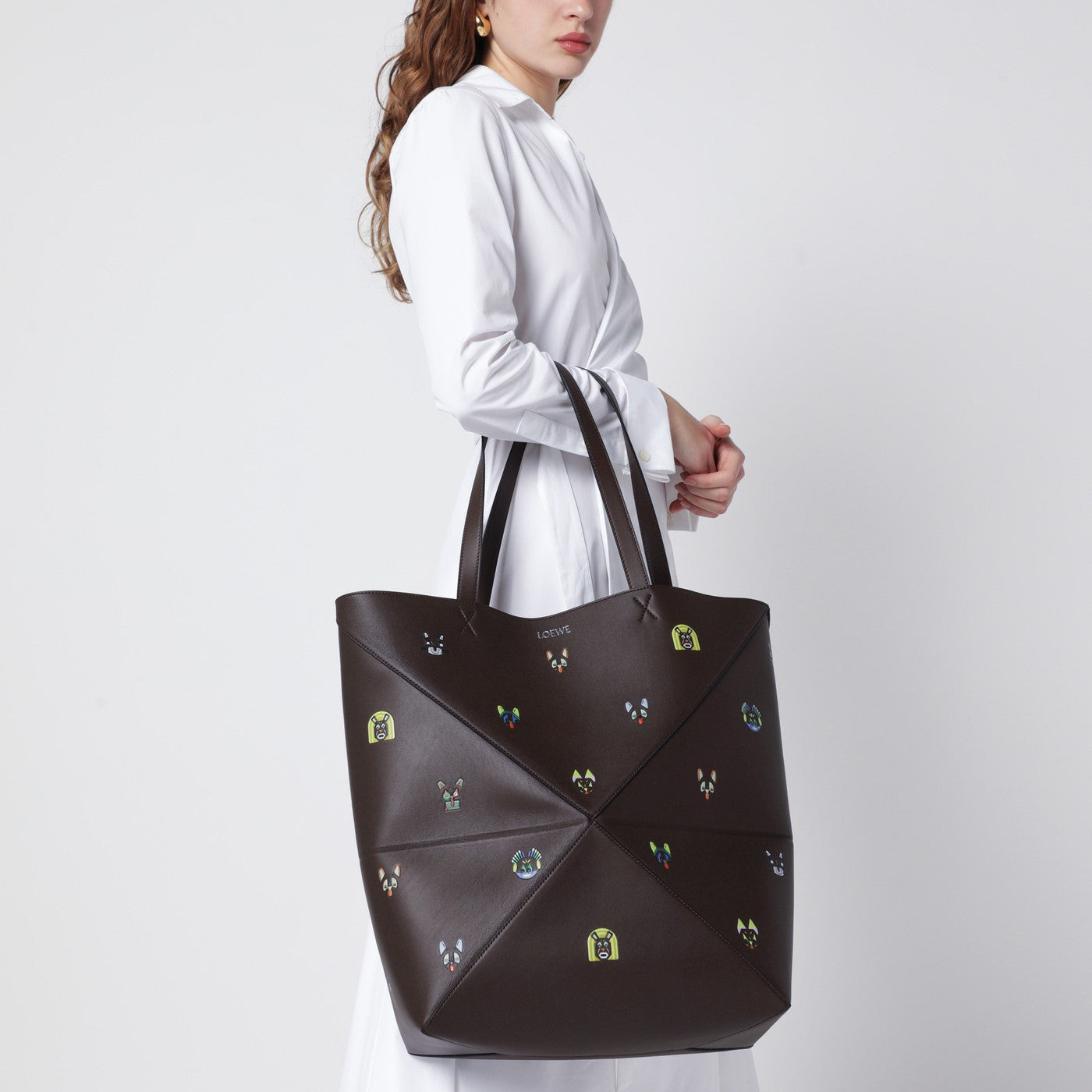 Puzzle Fold XL Cats bag in brown leather