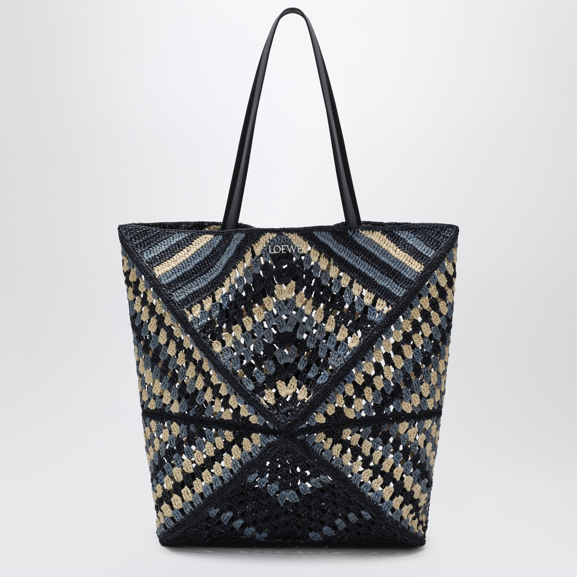 Sac cabas Puzzle Fold XL en raphia bleu marine/bleu clair