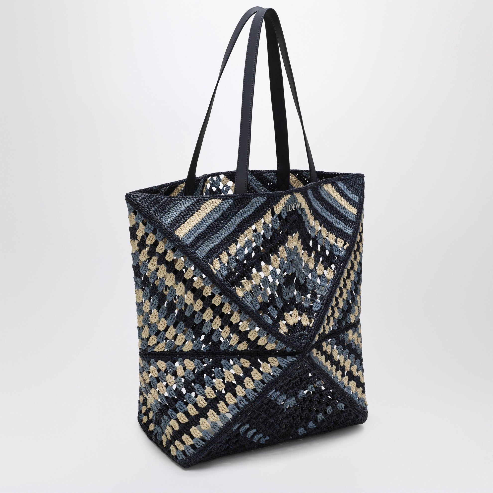 Sac cabas Puzzle Fold XL en raphia bleu marine/bleu clair