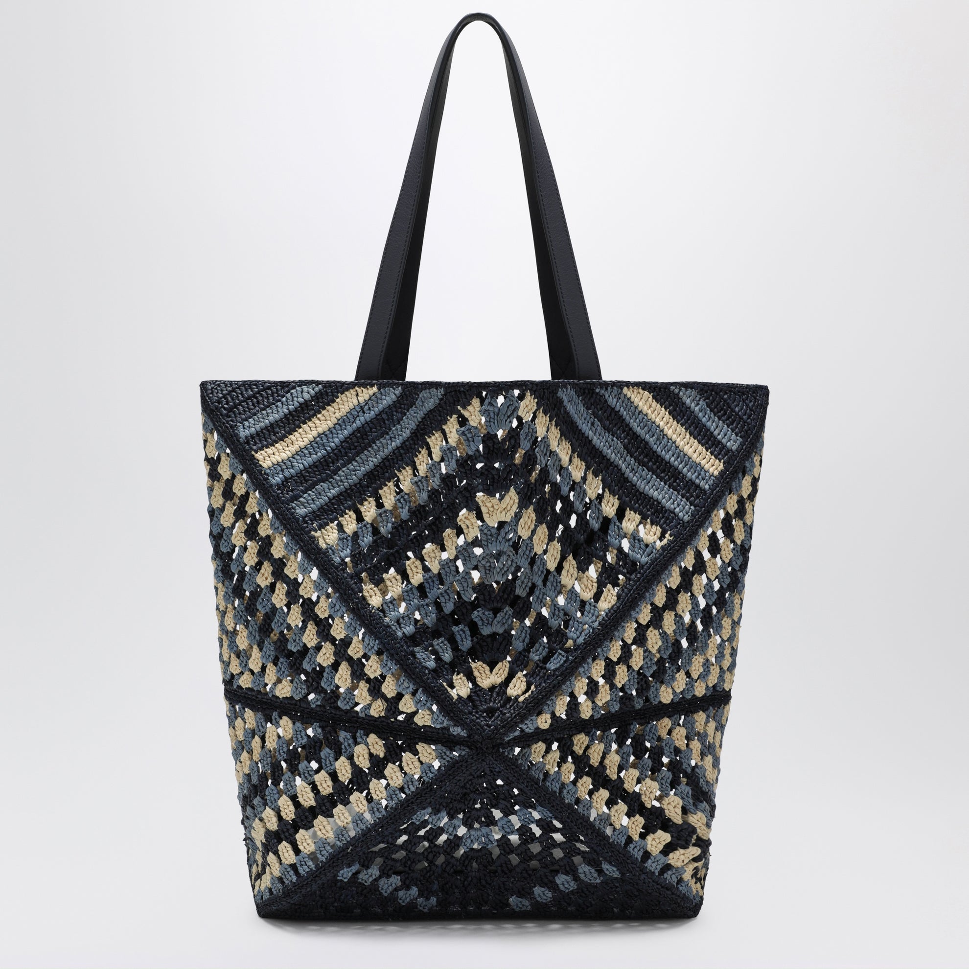 Sac cabas Puzzle Fold XL en raphia bleu marine/bleu clair