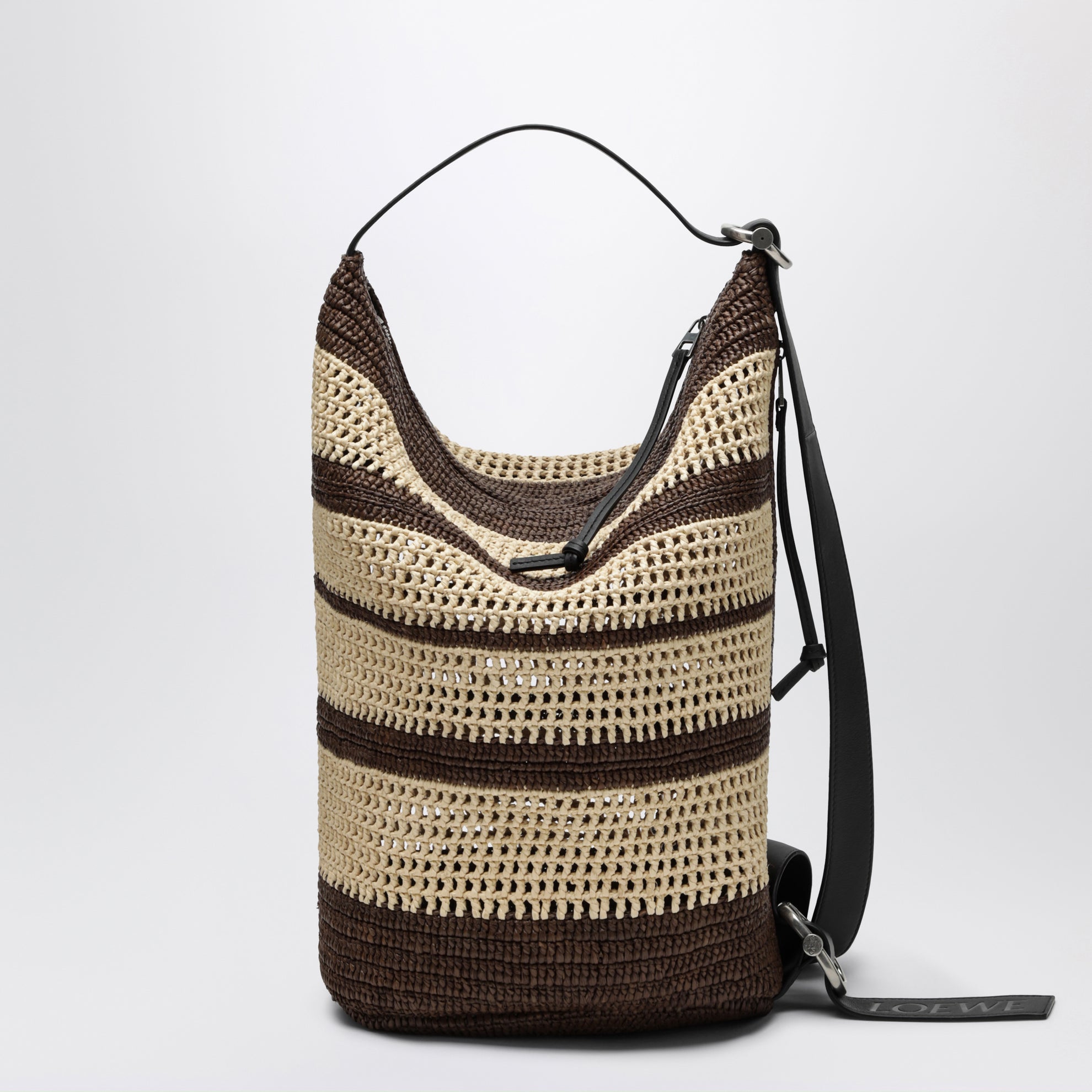 Borsa a secchiello Loop in rafia cioccolato/naturale