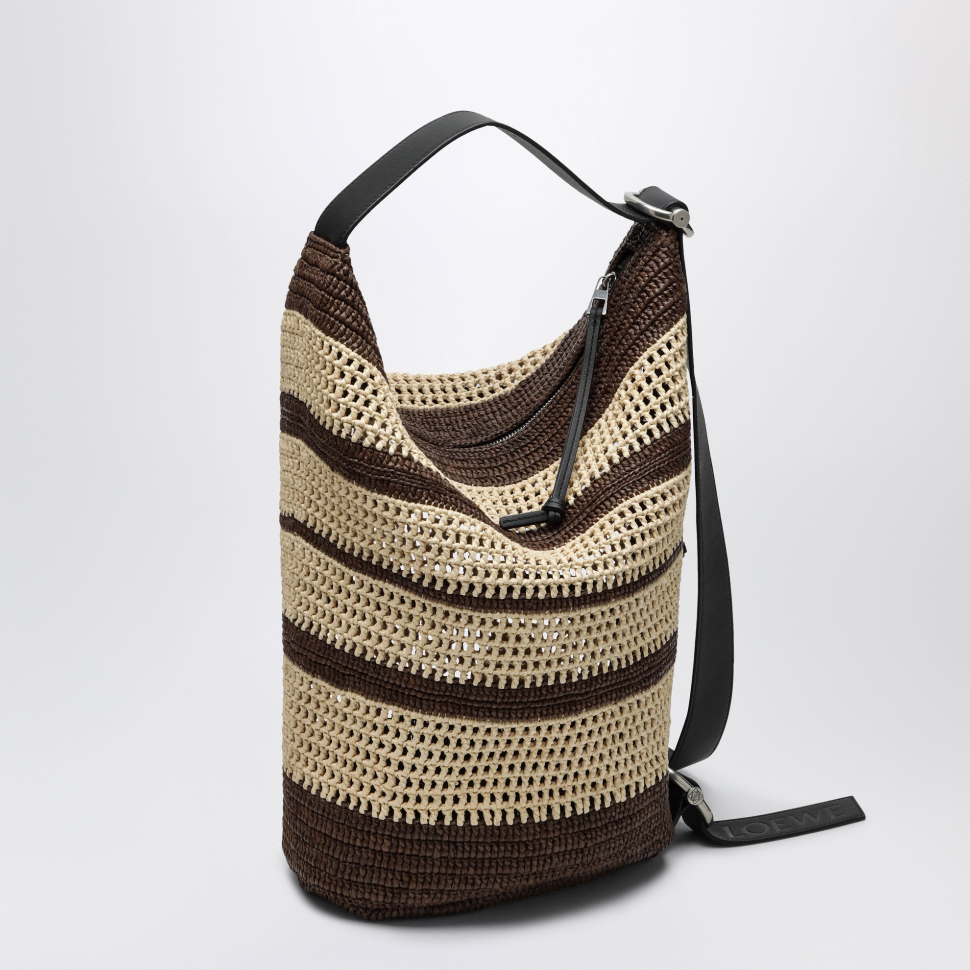 Borsa a secchiello Loop in rafia cioccolato/naturale