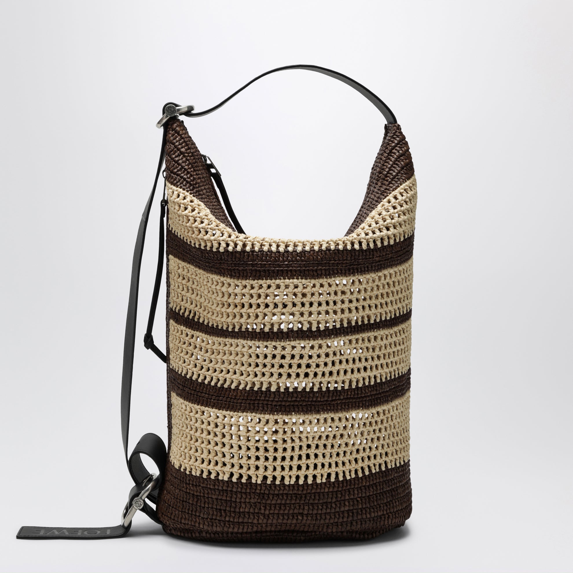 Borsa a secchiello Loop in rafia cioccolato/naturale