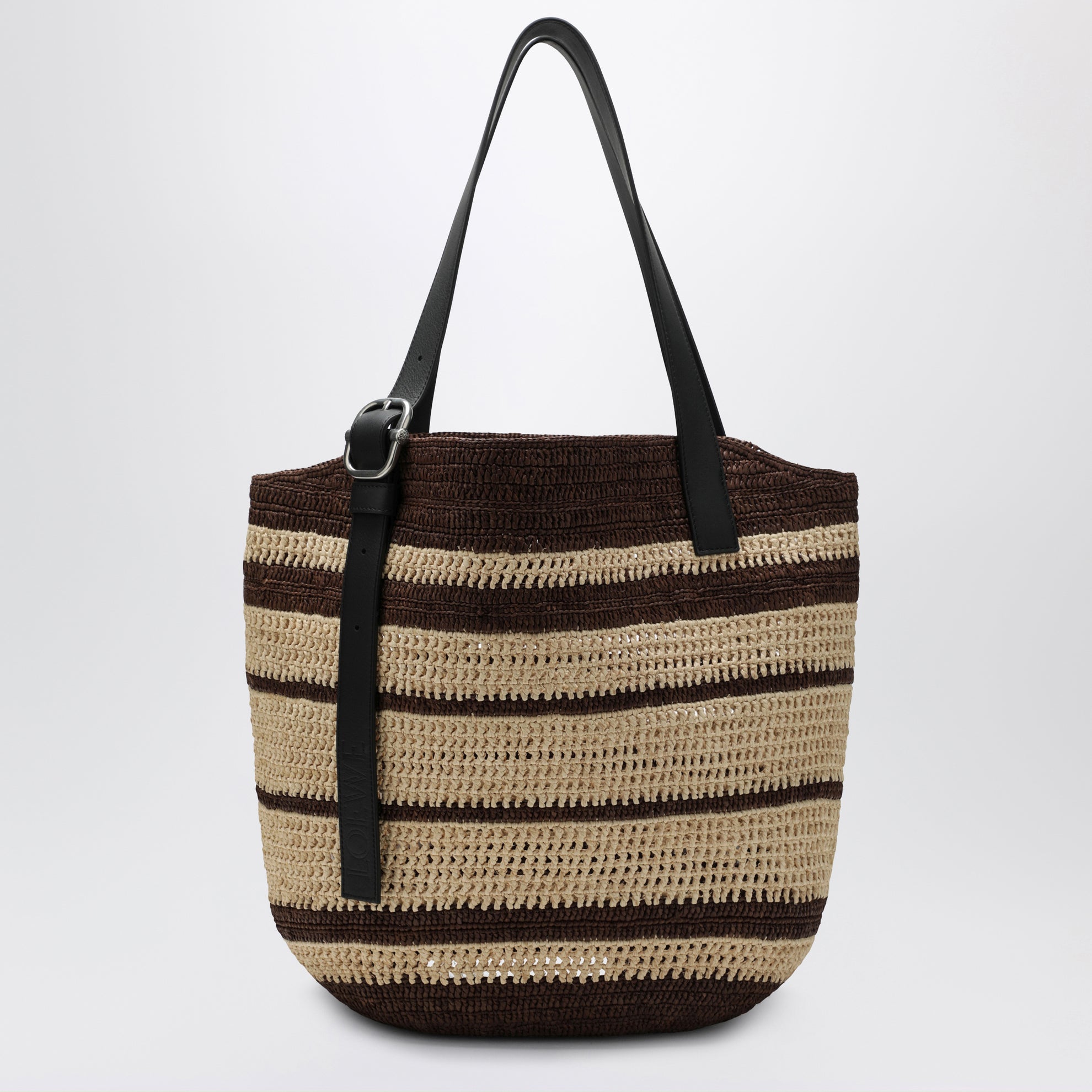 Loop Tasche aus Raffia mit Streifen in Schokolade/Natur