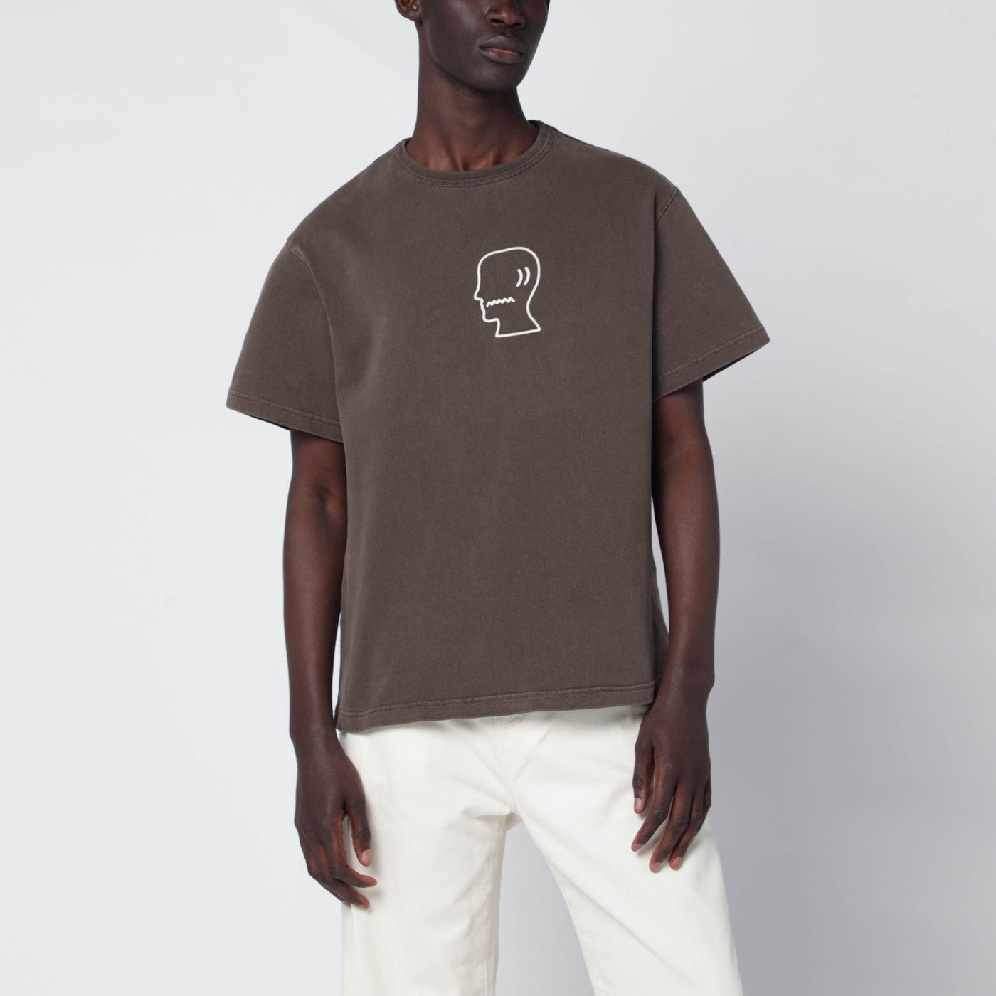 Brown vintage-effect T-shirt with embroidered logo