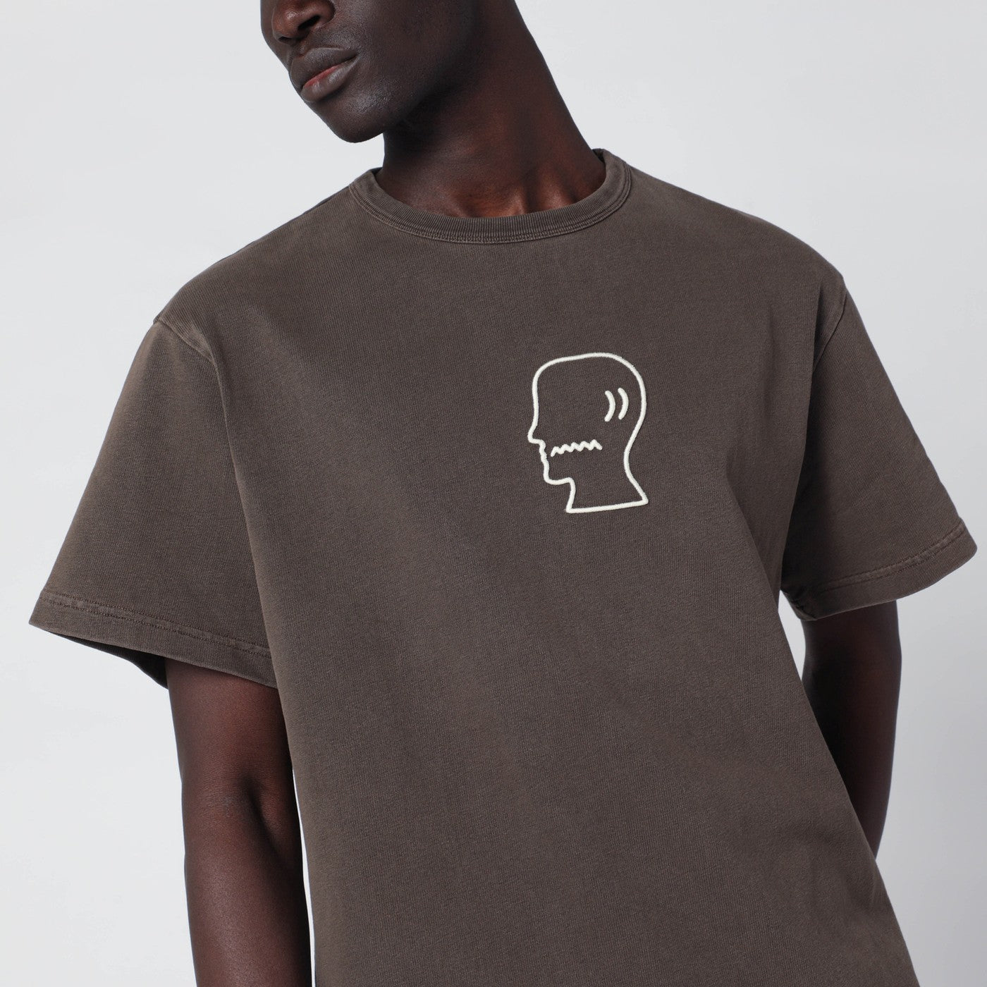 Brown vintage-effect T-shirt with embroidered logo