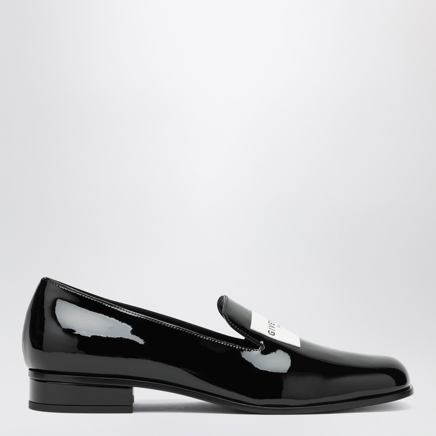 Black patent leather tuxedo loafers