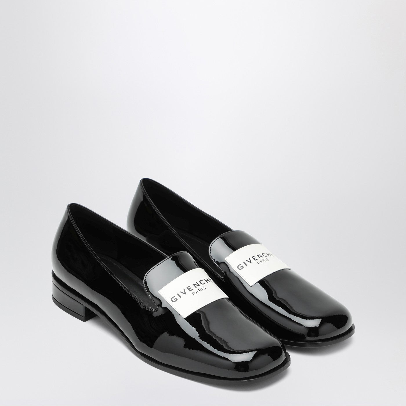 Black patent leather tuxedo loafers