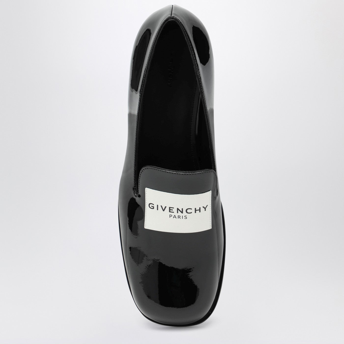 Black patent leather tuxedo loafers