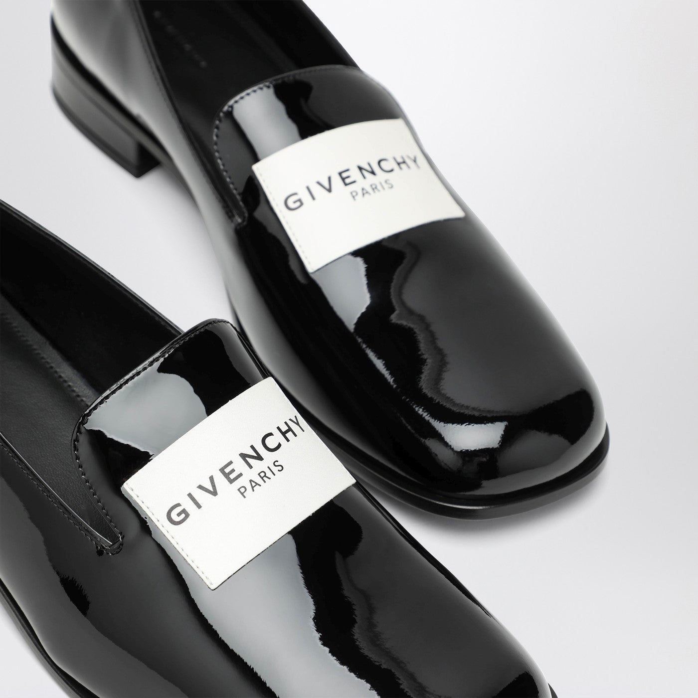 Black patent leather tuxedo loafers