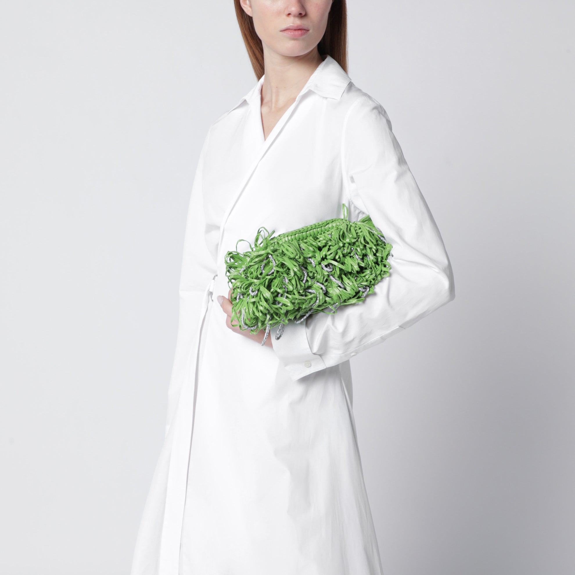 Beatrix apple green clutch with raffia fringes and crystals