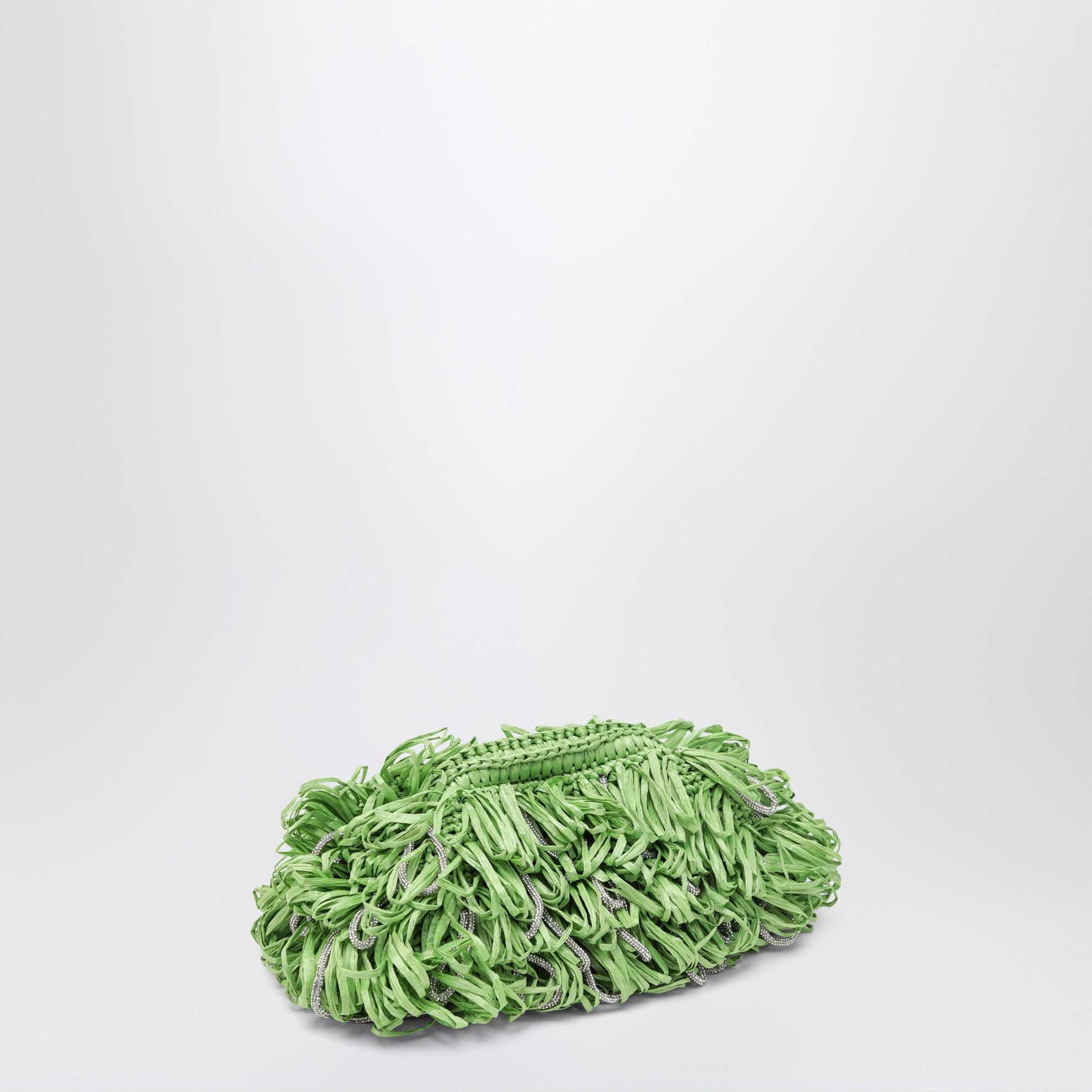 Beatrix apple green clutch with raffia fringes and crystals