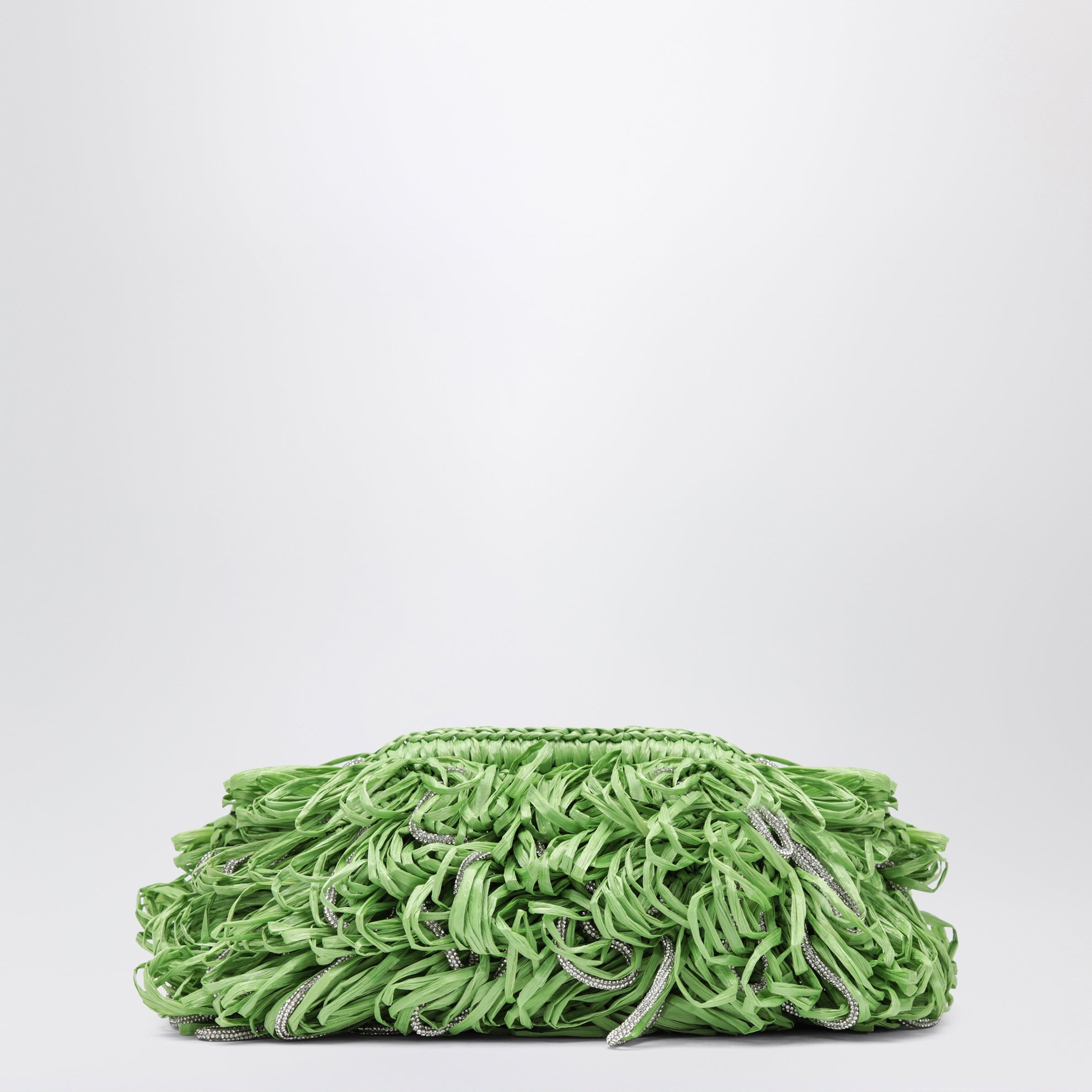 Beatrix apple green clutch with raffia fringes and crystals