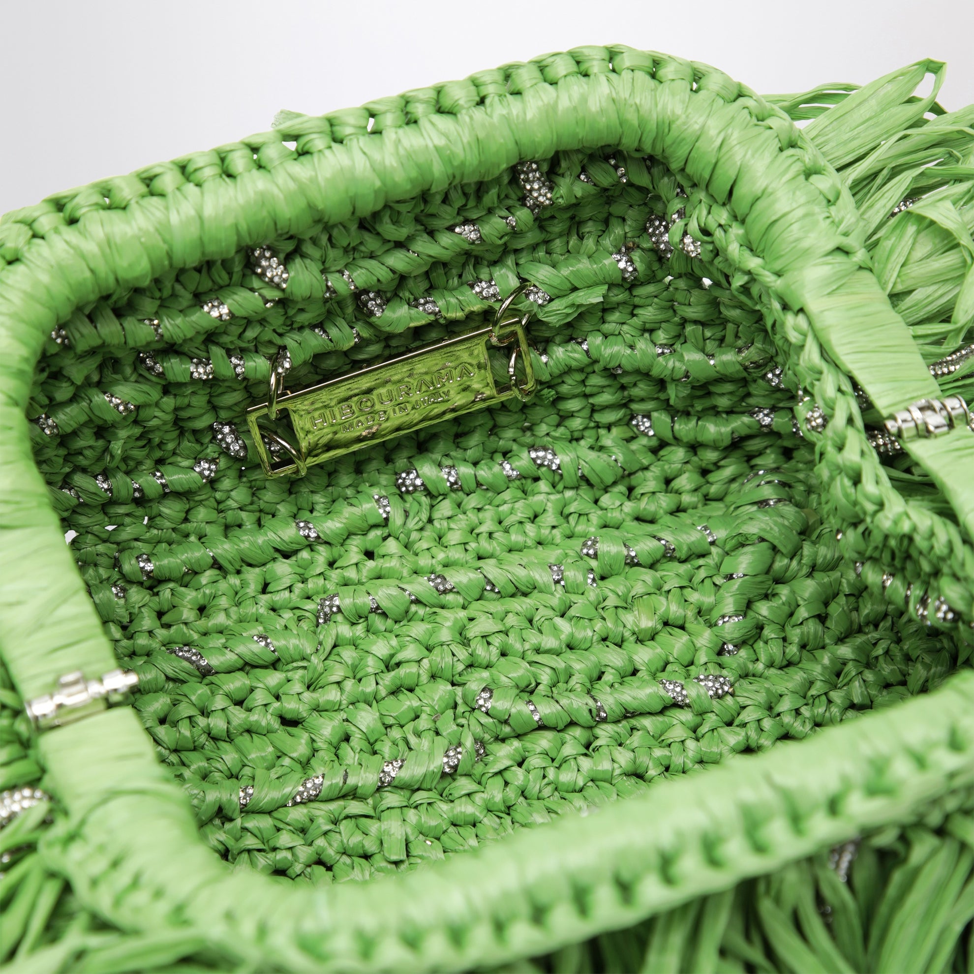 Beatrix apple green clutch with raffia fringes and crystals