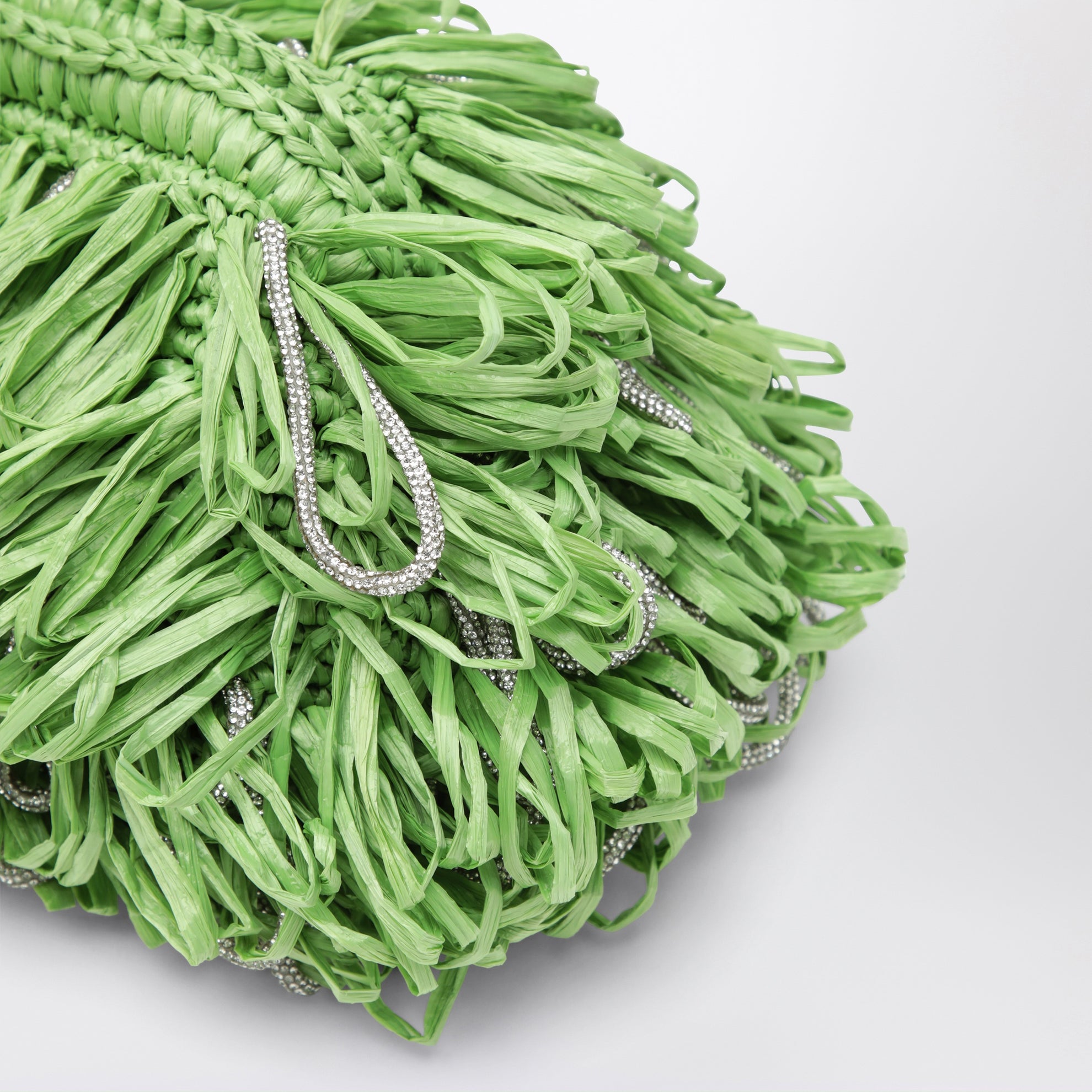 Beatrix apple green clutch with raffia fringes and crystals