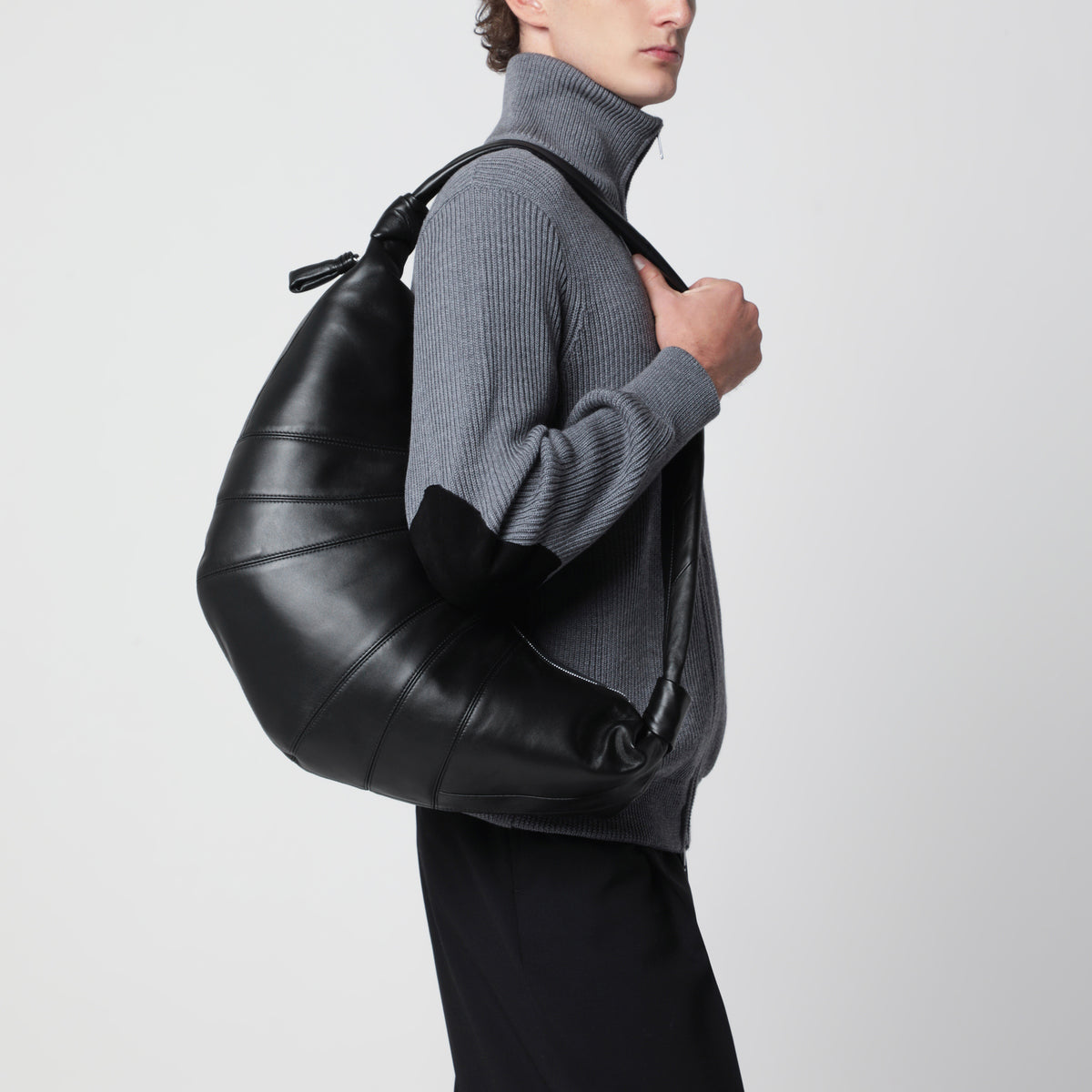 Borsa Croissant grande nera in nappa di agnello