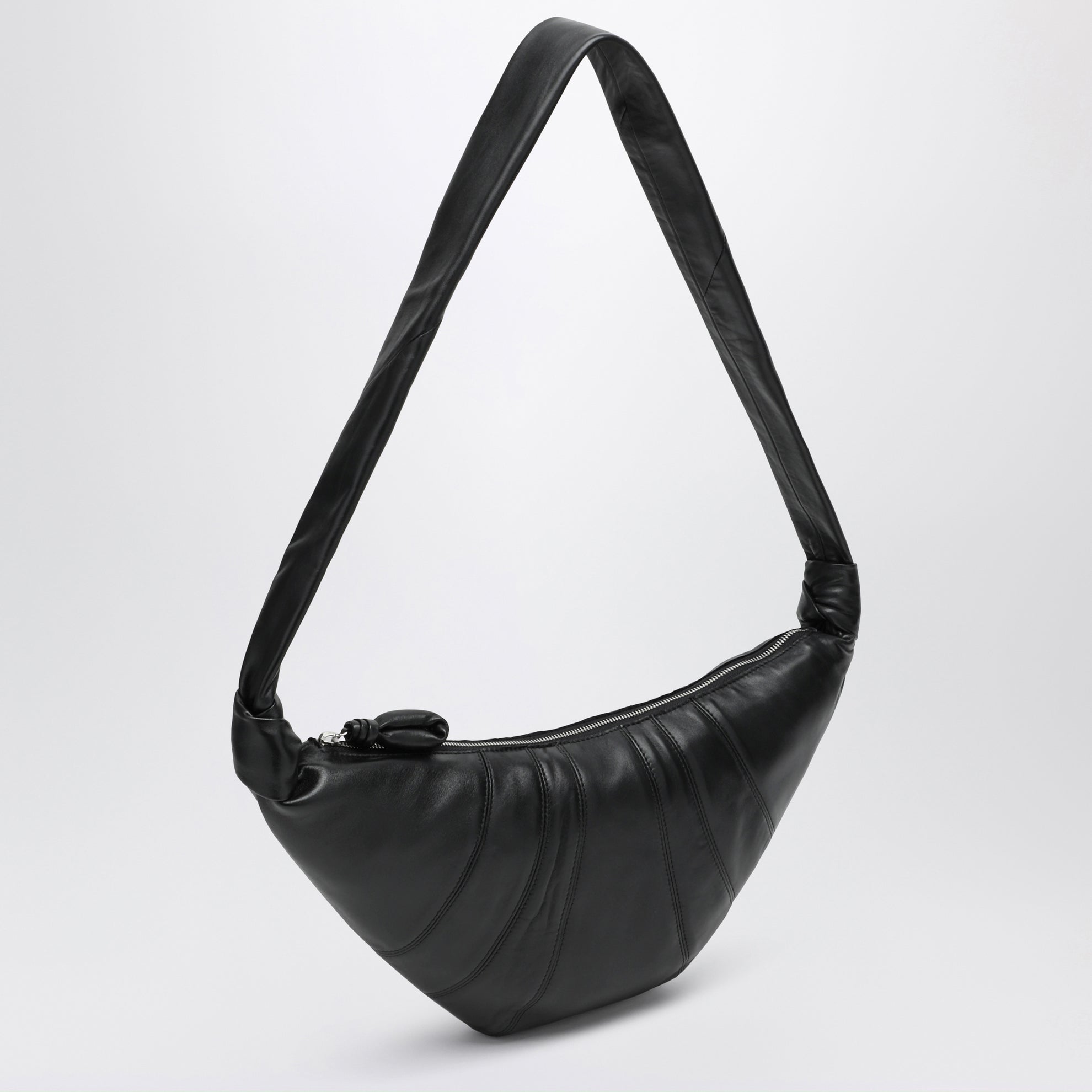 Croissant bag media nera in pelle