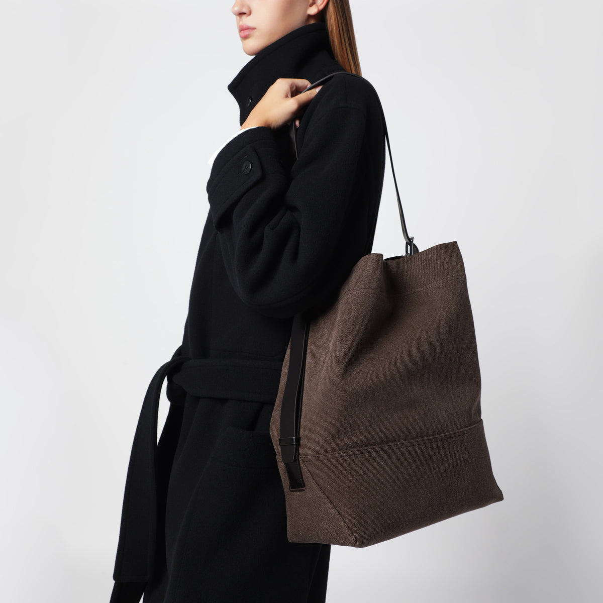Belted Tote Bag in Dark Brown Cotton Canvas