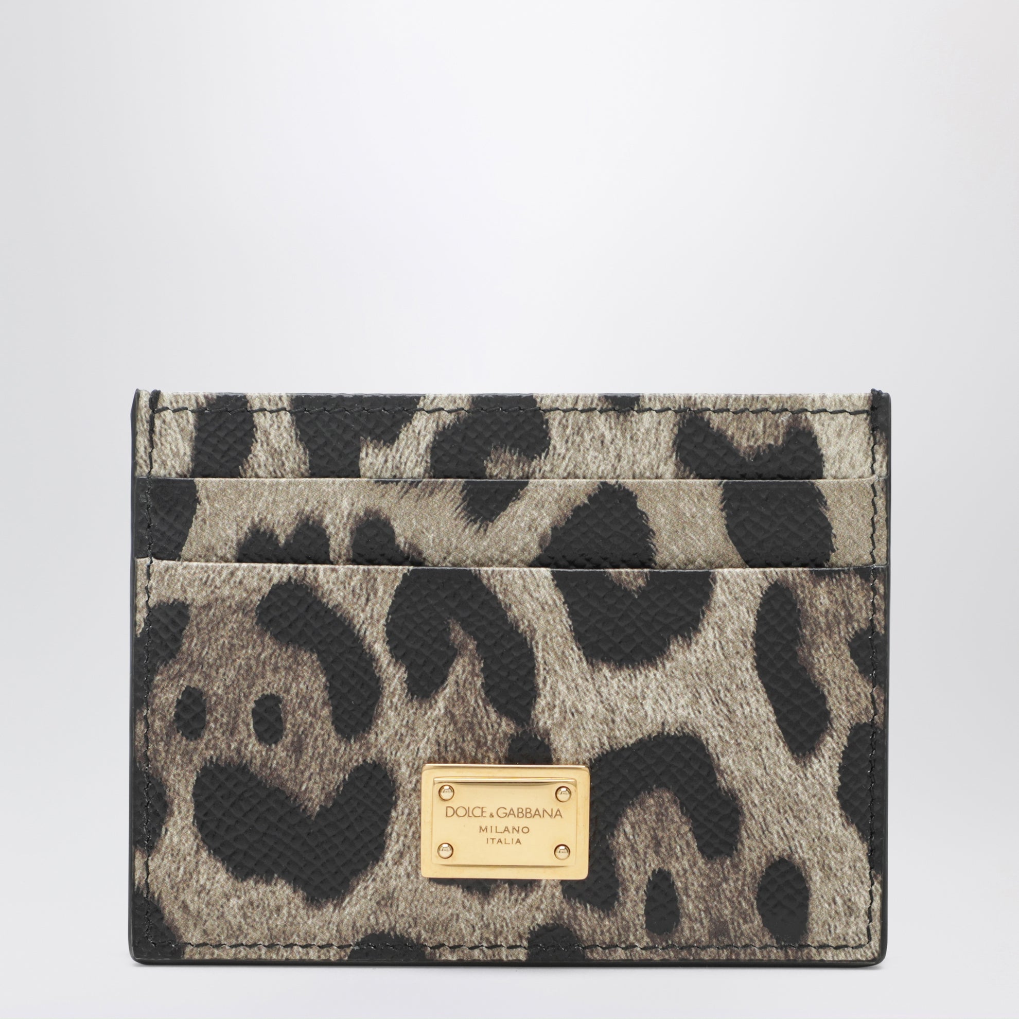 Portacarte in pelle Dauphine leopardato con targhetta logo