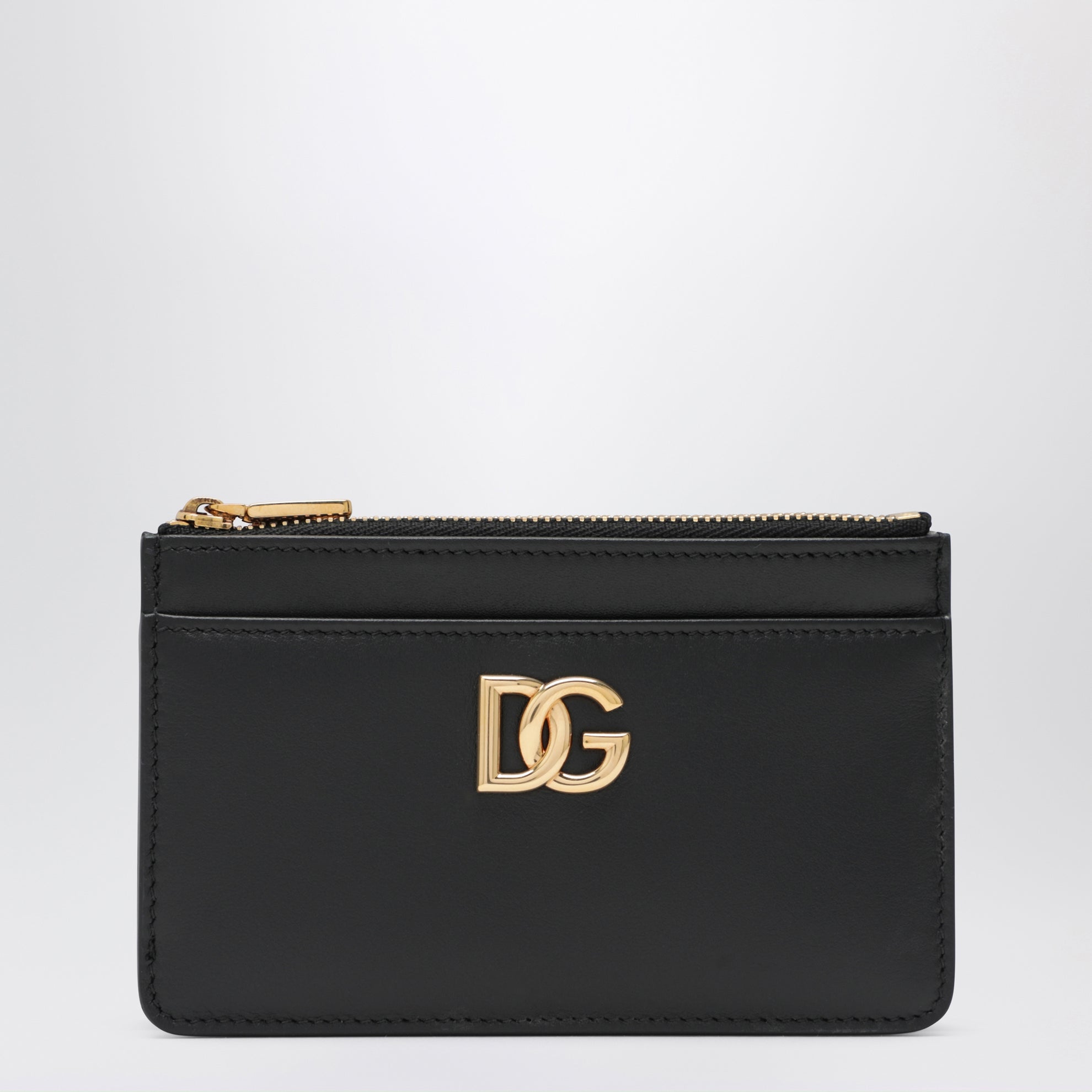 Porte-cartes zippé noir en cuir avec logo DG
