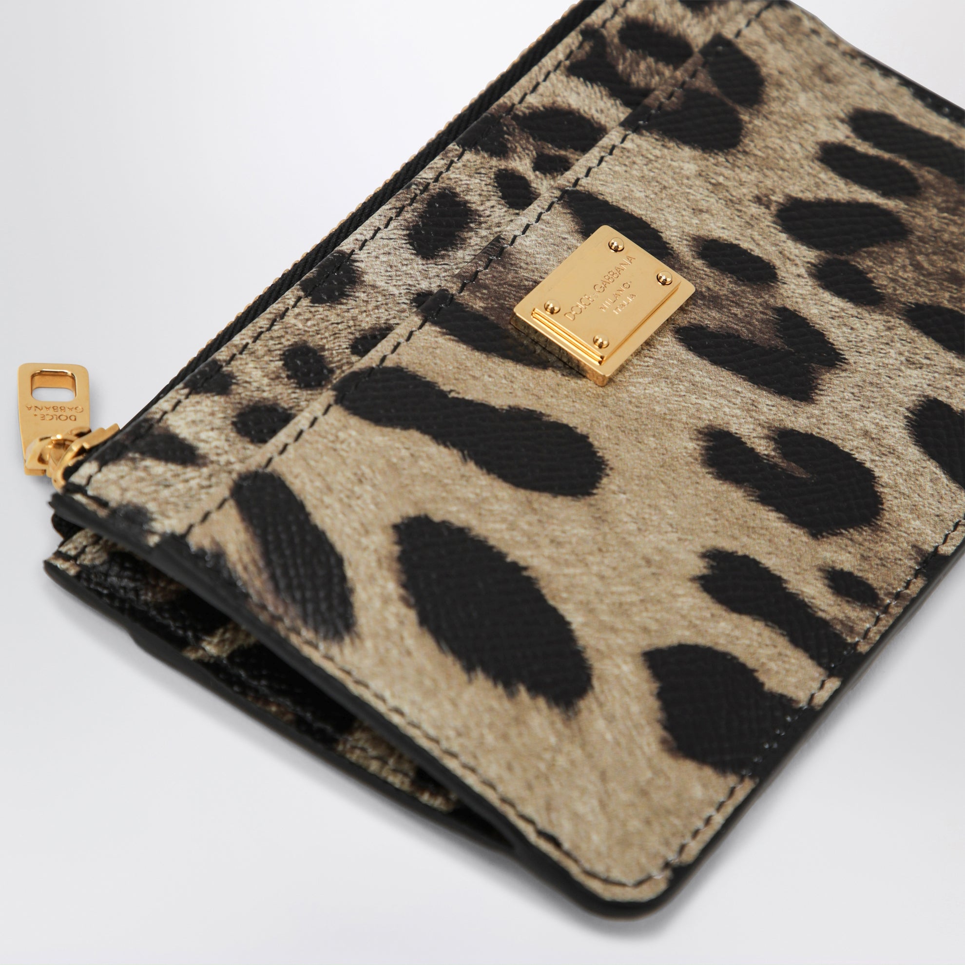 Portacarte in pelle Dauphine leopardato con zip