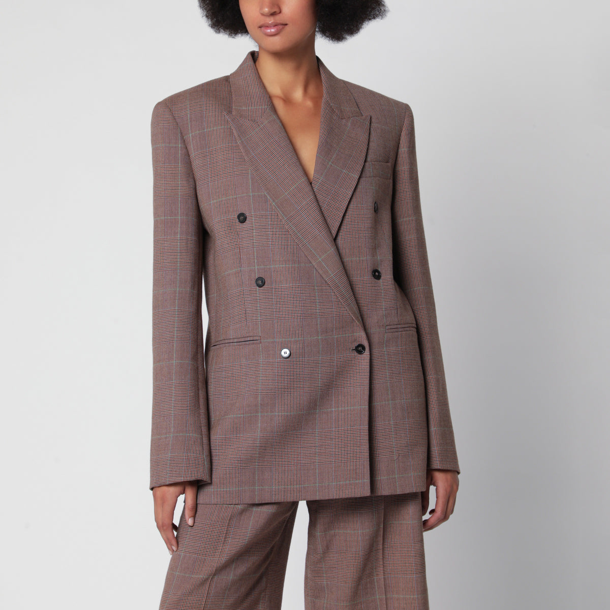 Blazer croisé marron en mélange de laine à carreaux