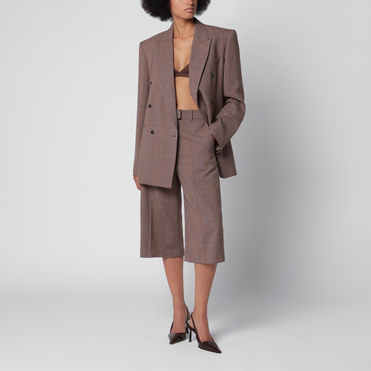 Blazer croisé marron en mélange de laine à carreaux