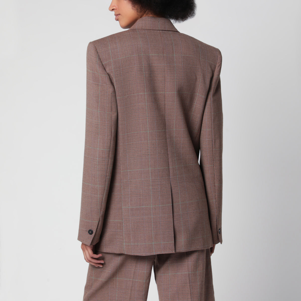 Blazer croisé marron en mélange de laine à carreaux
