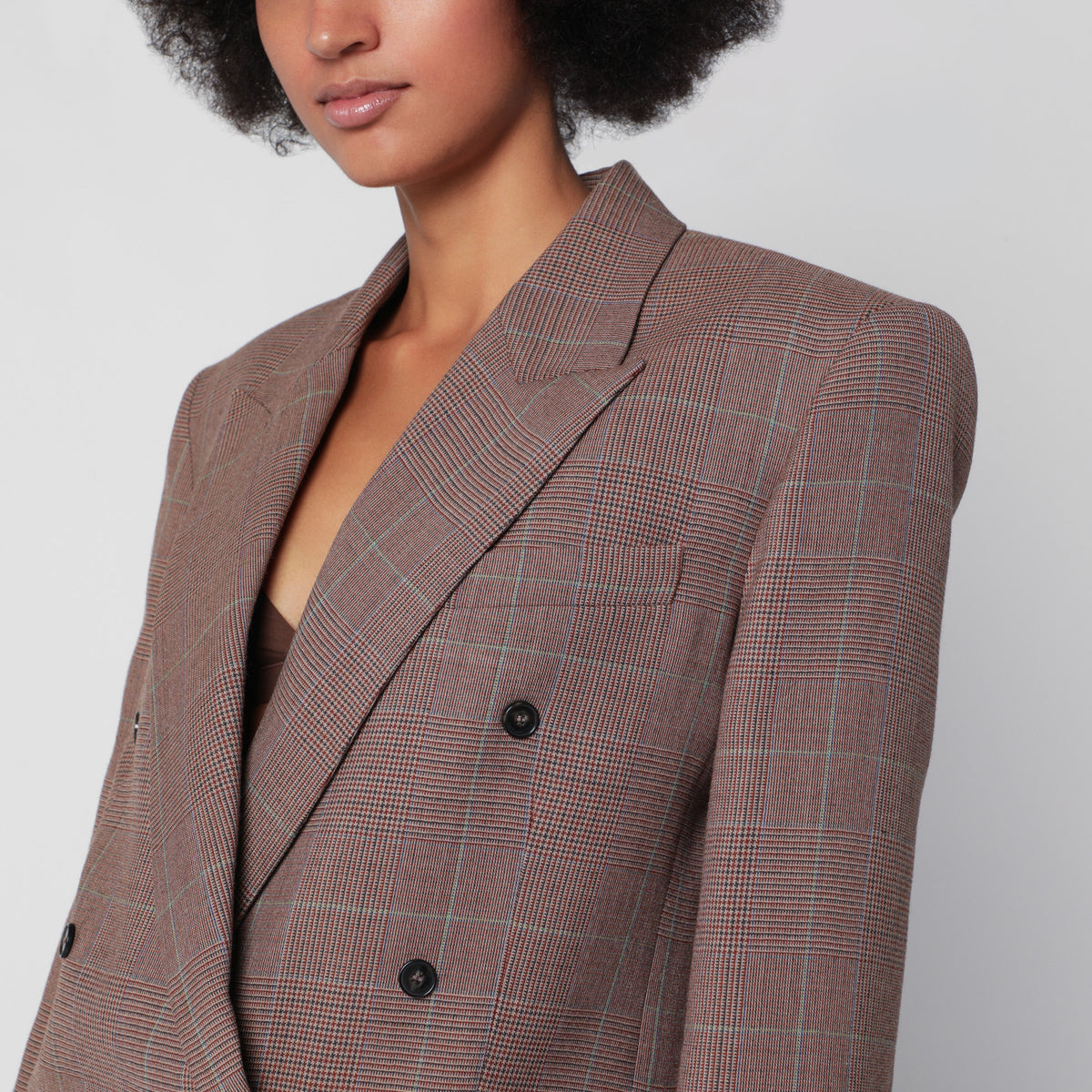 Blazer croisé marron en mélange de laine à carreaux