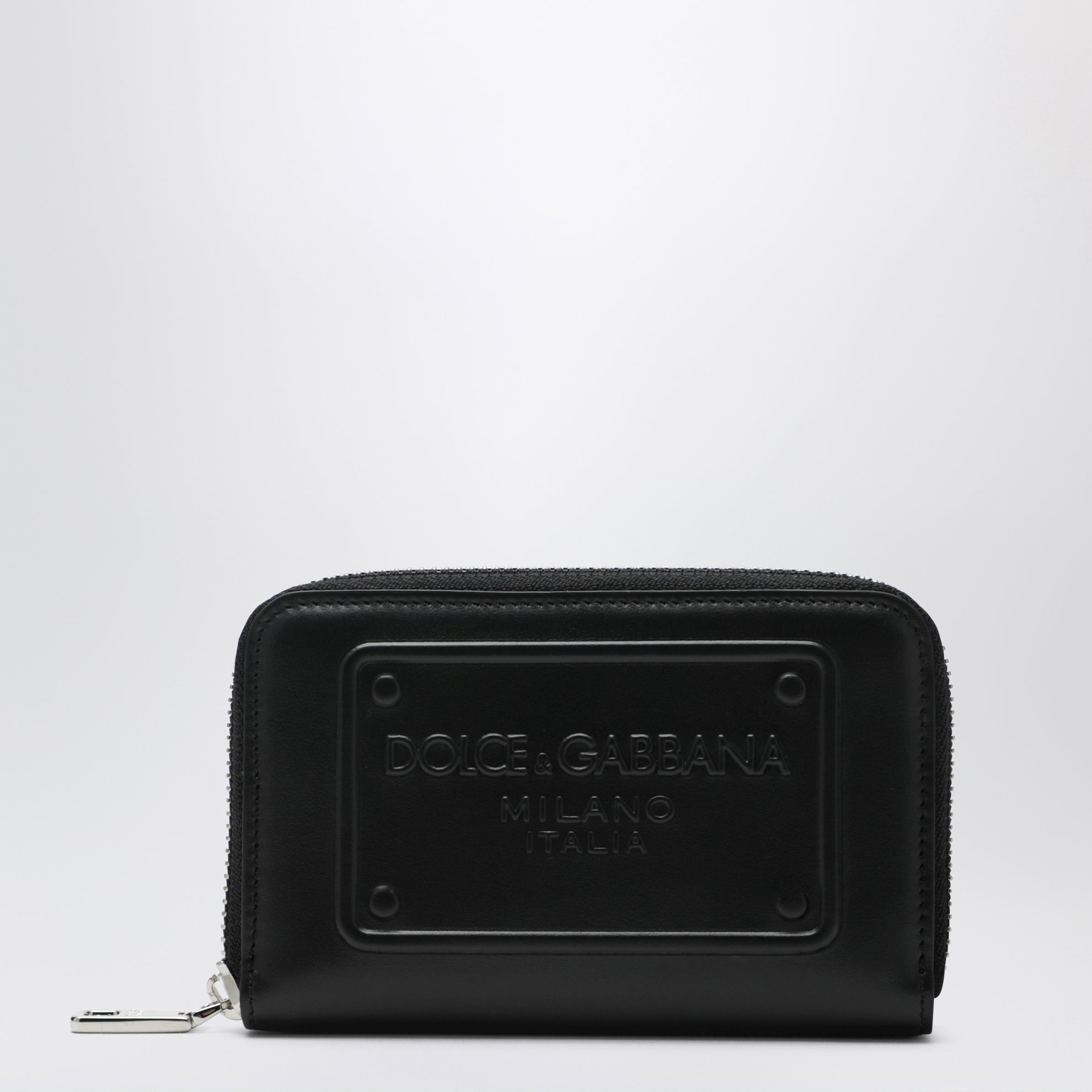 Small black zip-around wallet with embossed logo