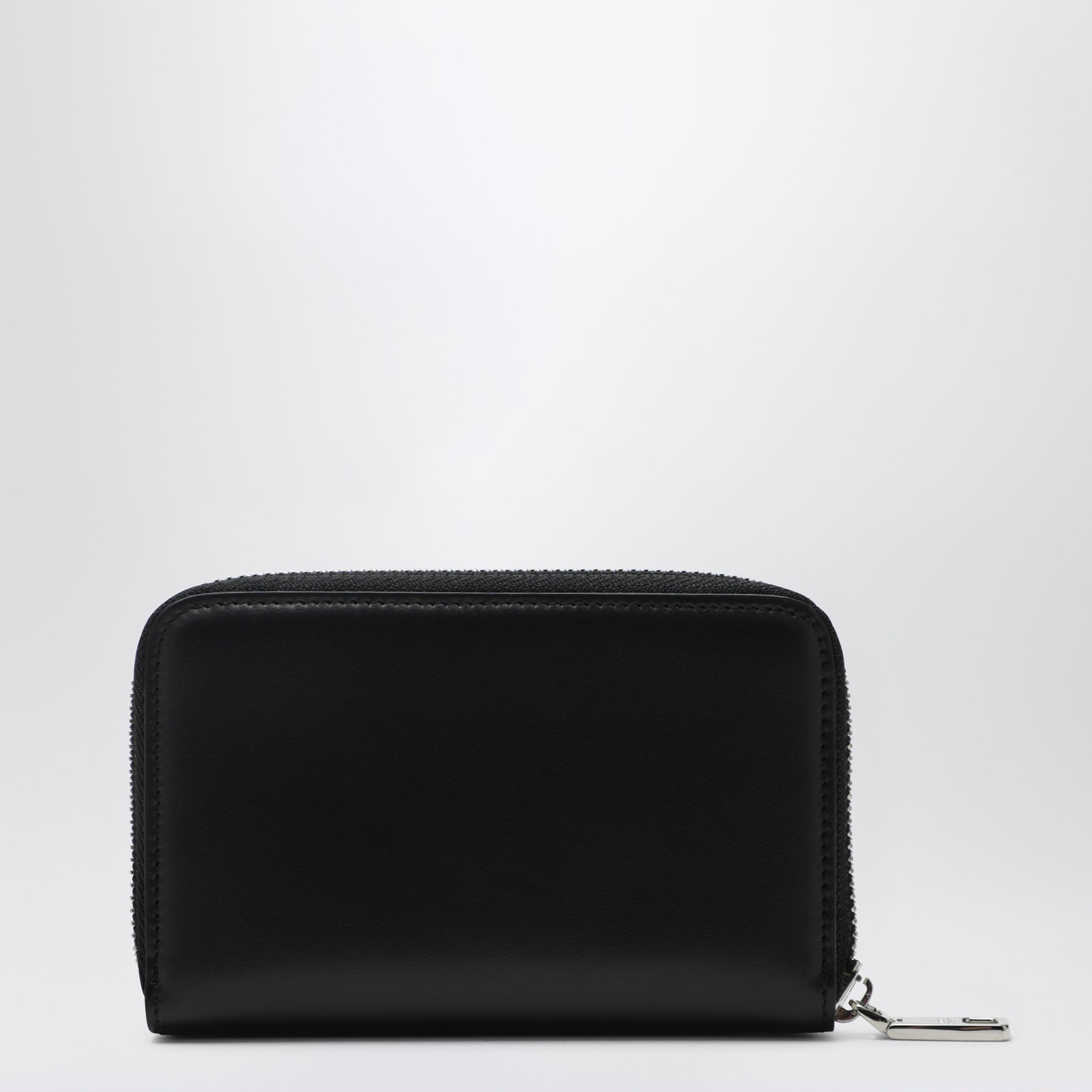 Small black zip-around wallet with embossed logo