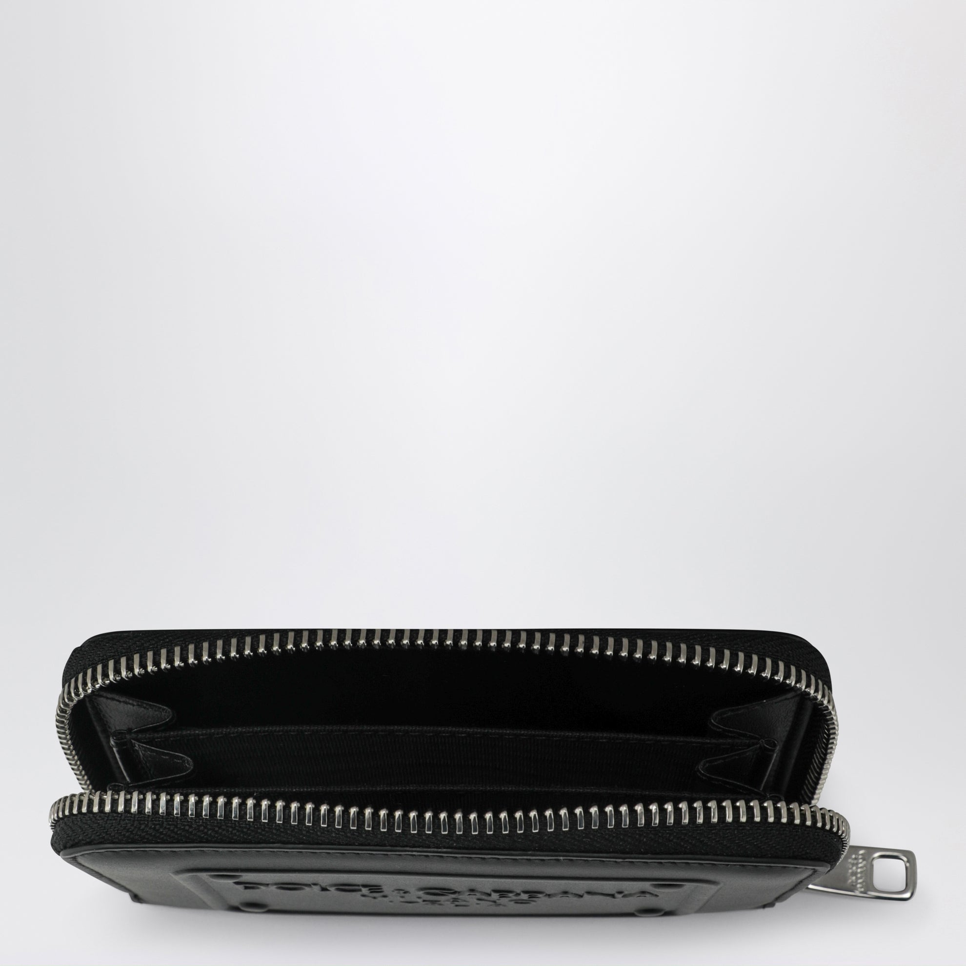 Small black zip-around wallet with embossed logo