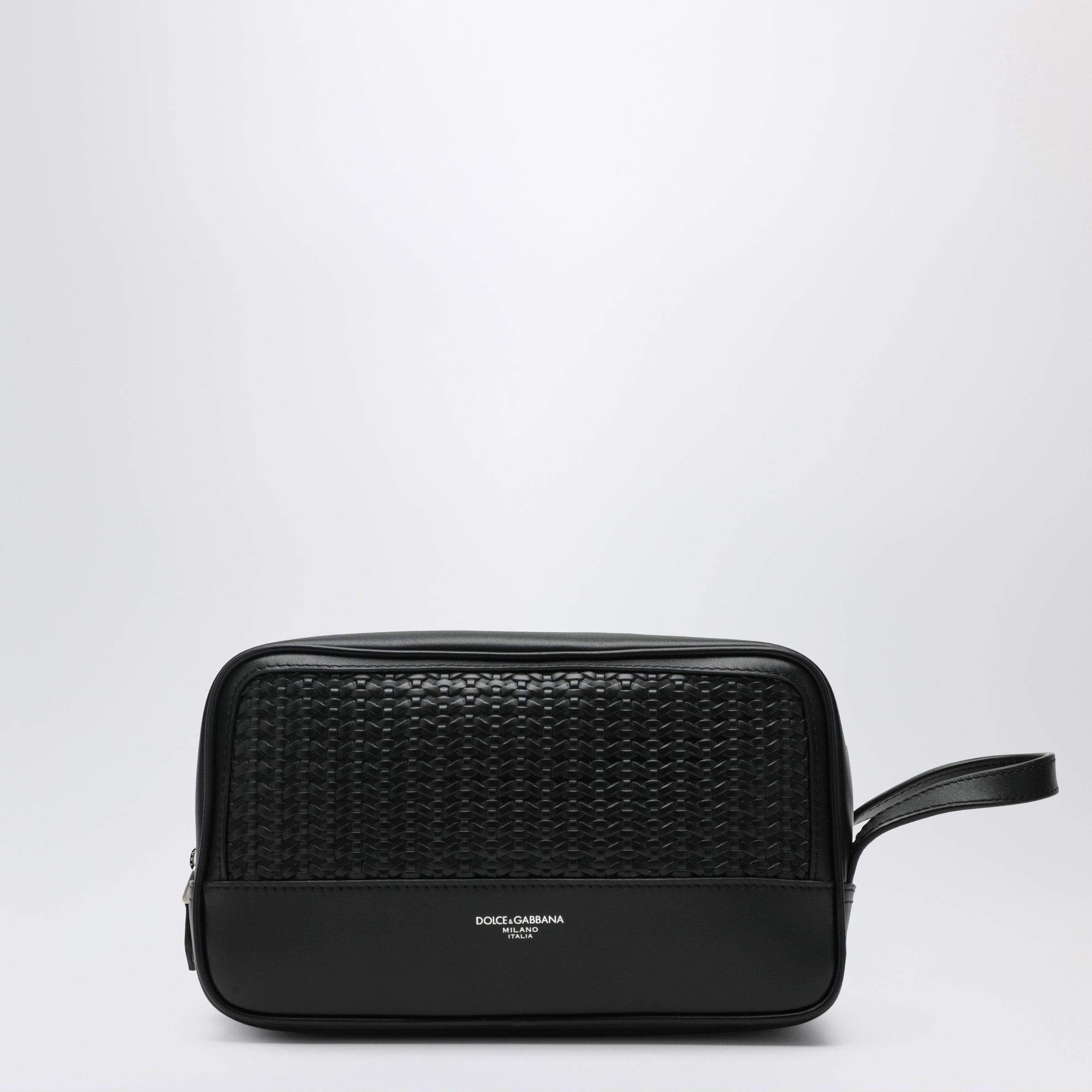 Trousse Atene en cuir de veau plongé tressé noire