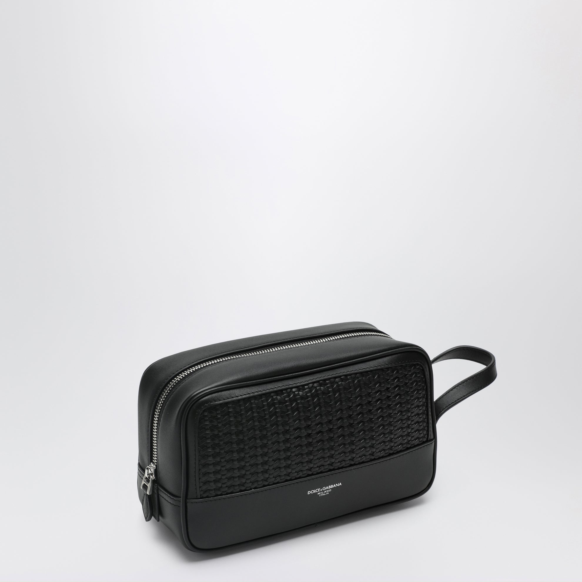 Trousse Atene en cuir de veau plongé tressé noire