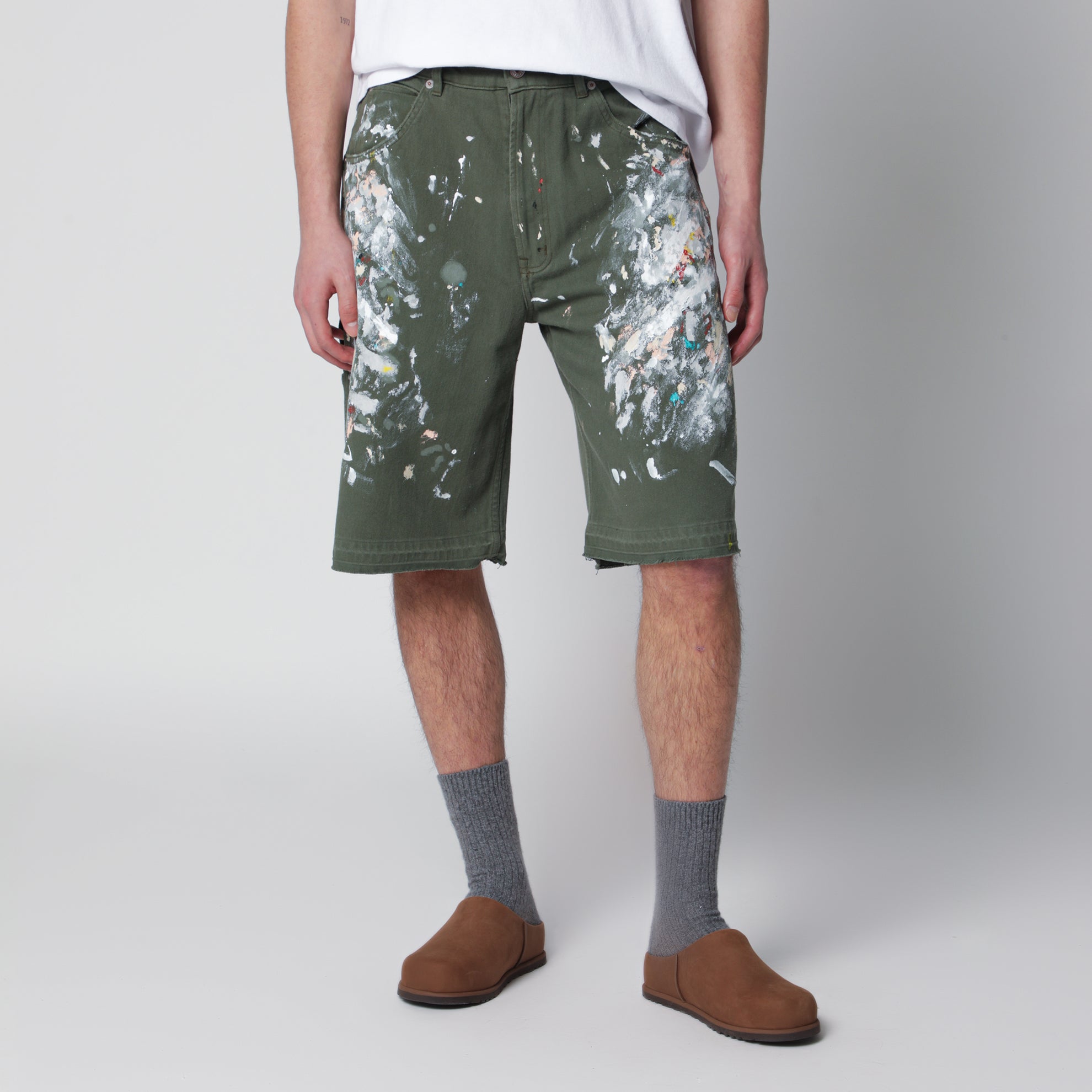 Hand-painted military green Bermuda shorts