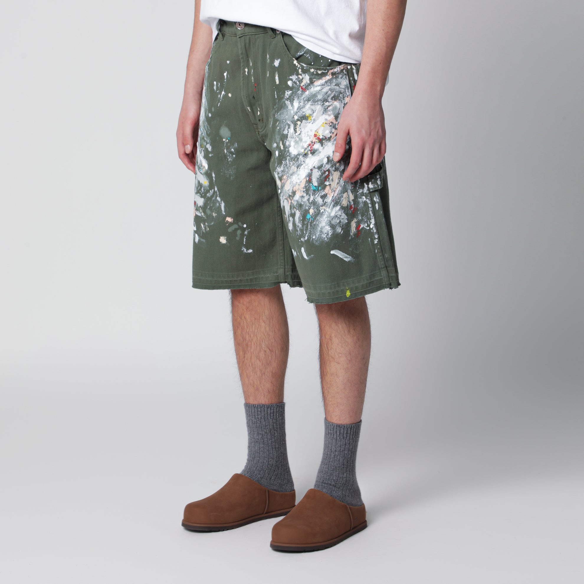 Hand-painted military green Bermuda shorts