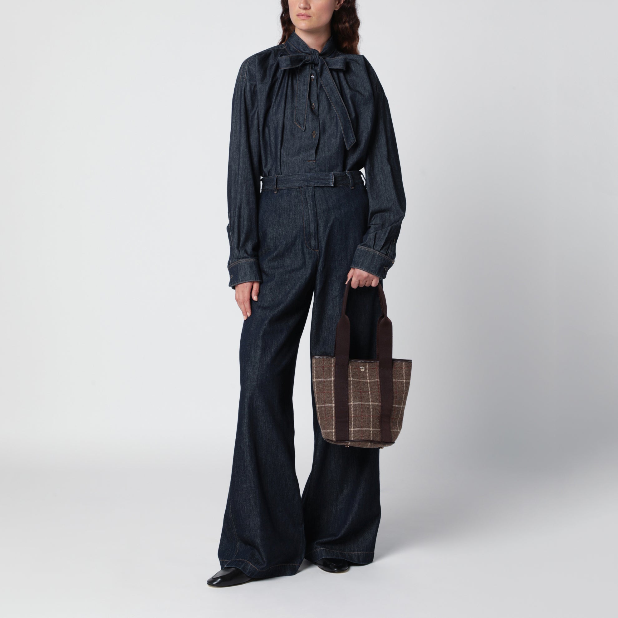 Sac seau Traversée marron motif tartan