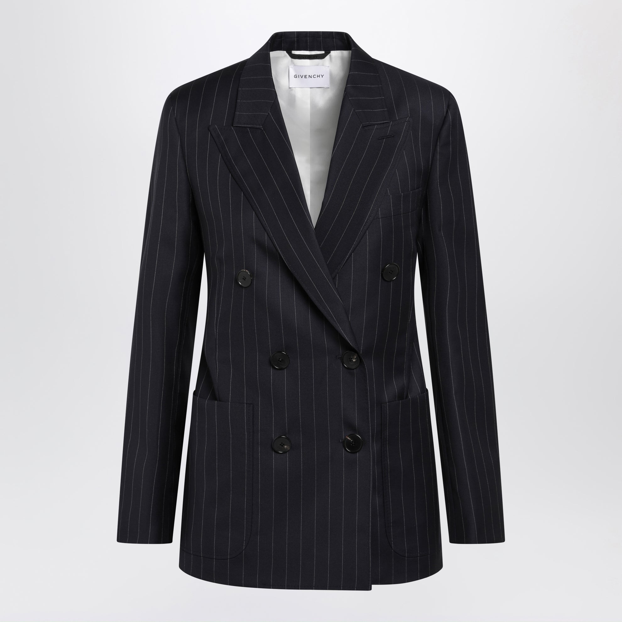 Double-breasted pinstripe wool jacket, dark navy