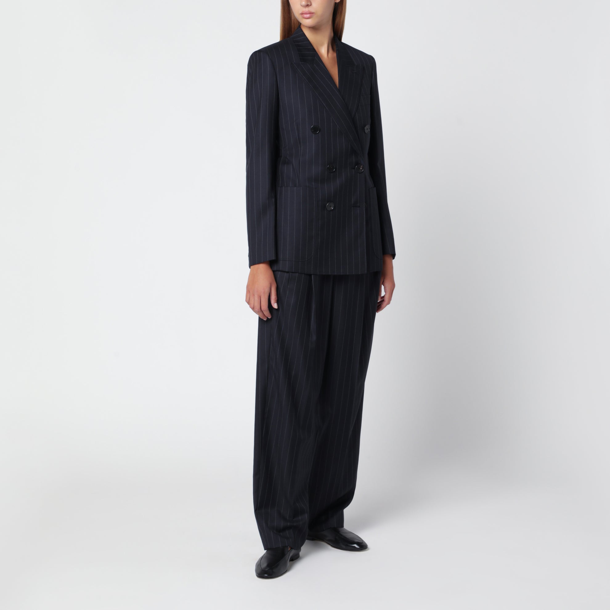 Navy blue pinstripe wool trousers