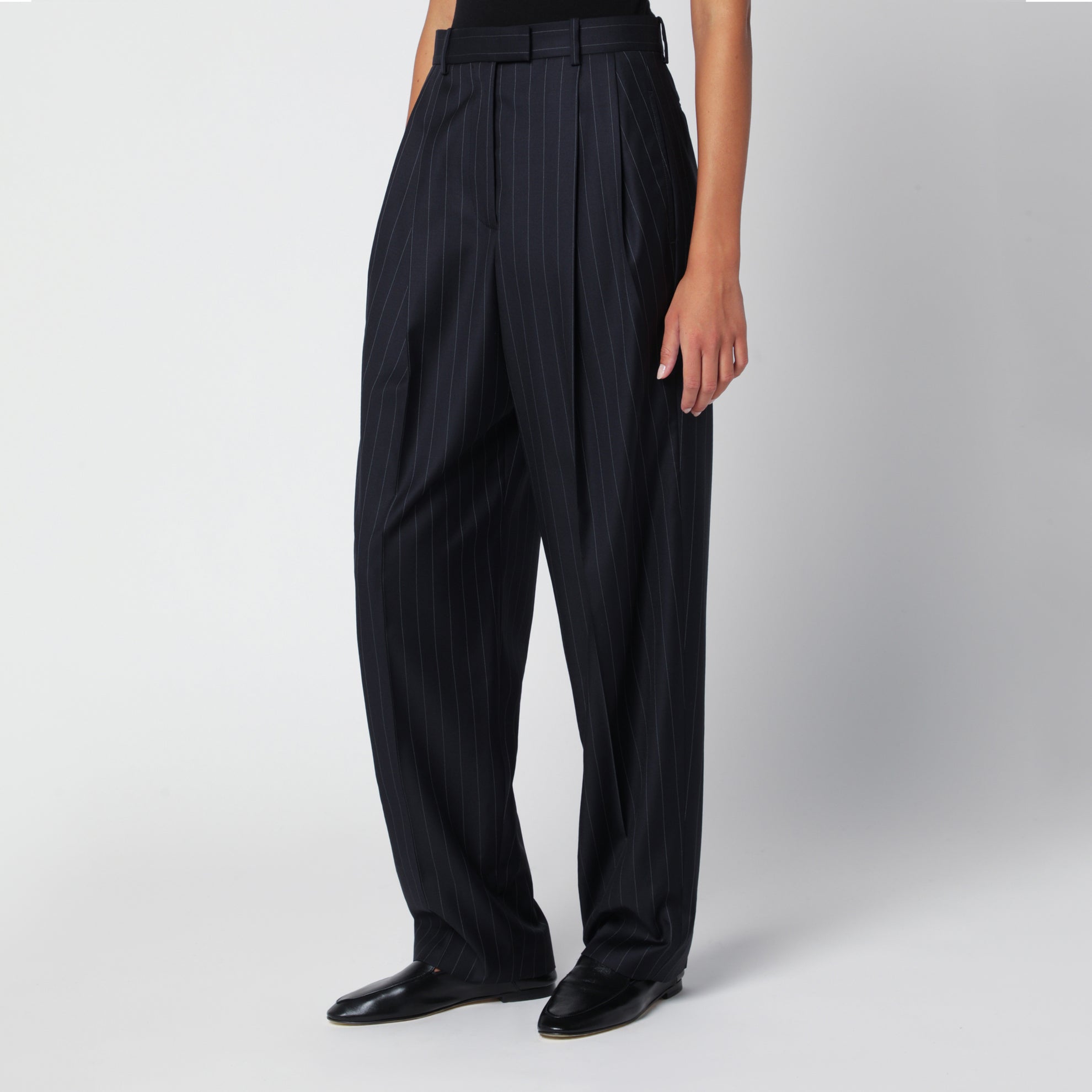 Navy blue pinstripe wool trousers