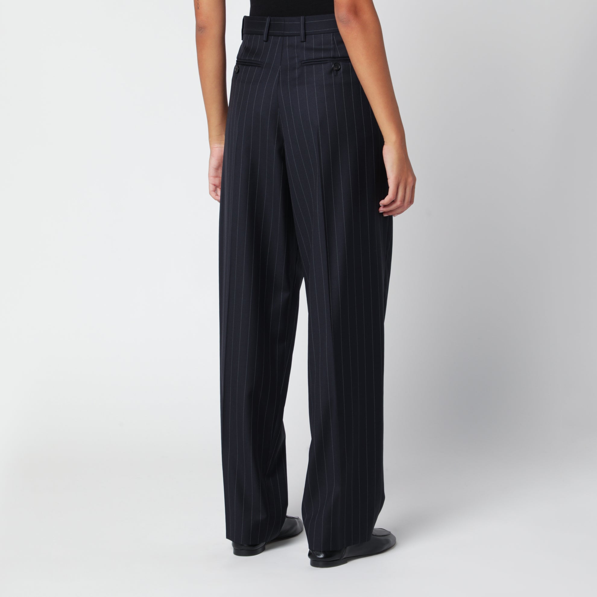 Navy blue pinstripe wool trousers