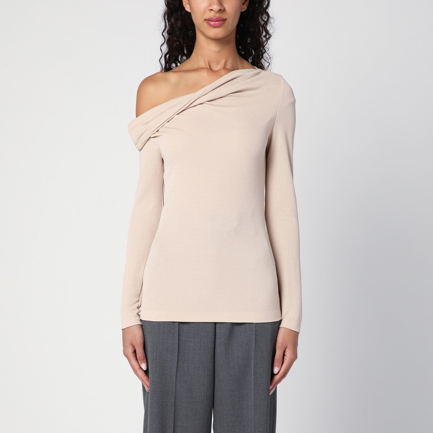 Beige sweater with bare shoulder