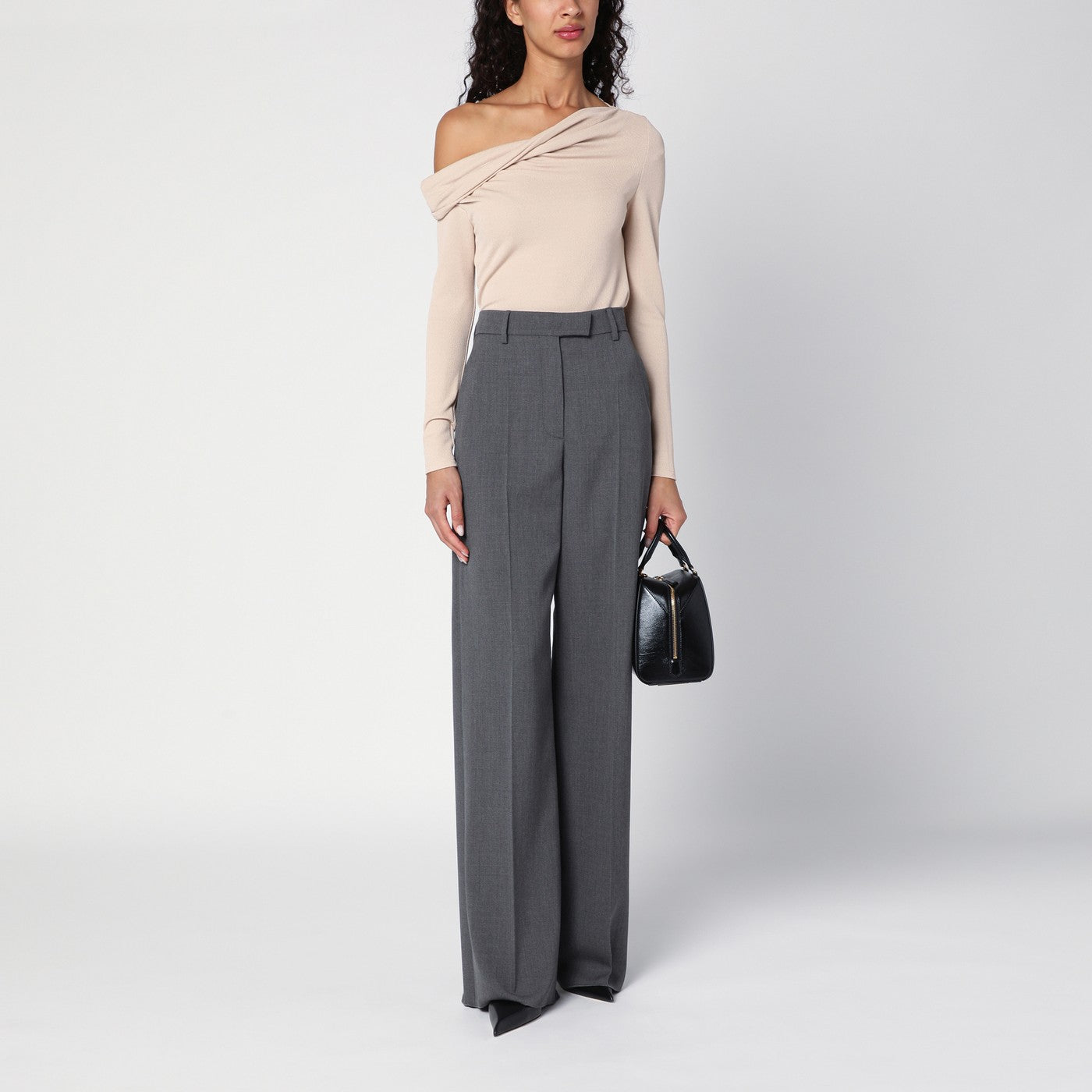 Beige sweater with bare shoulder