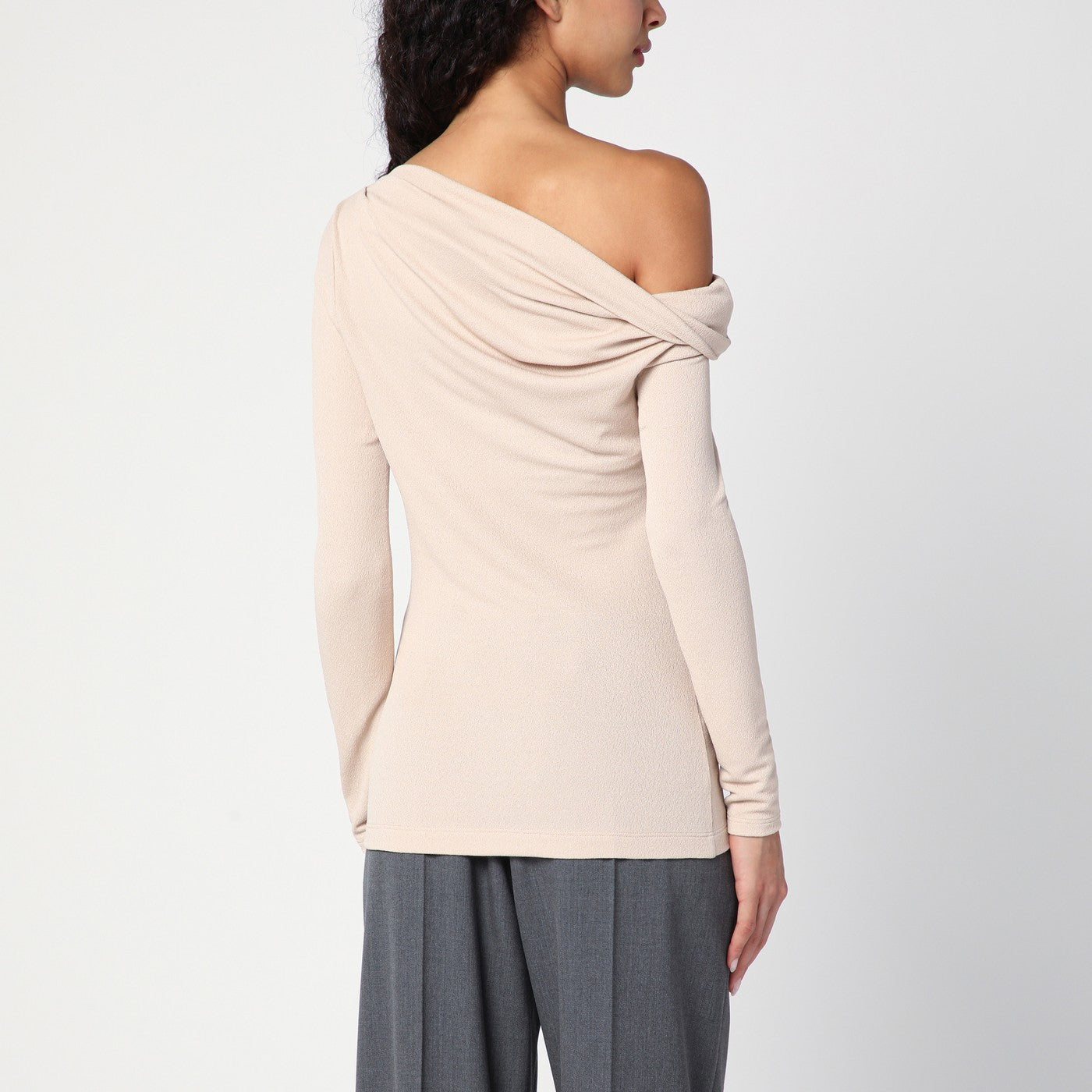 Beige sweater with bare shoulder